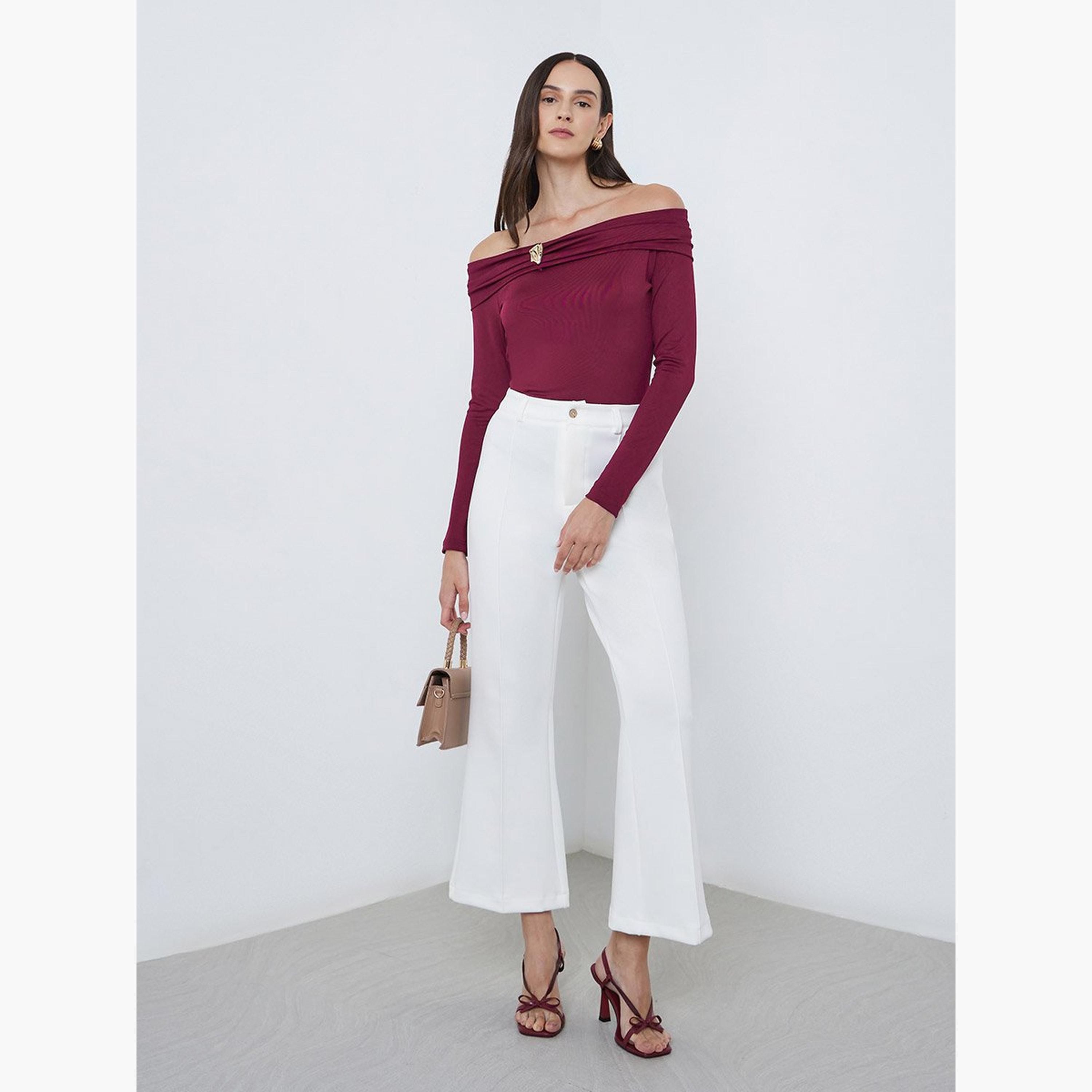 Styli Burgundy Off-Shoulder Long Sleeve Knit Top-women-clothing-tshirts-image-2