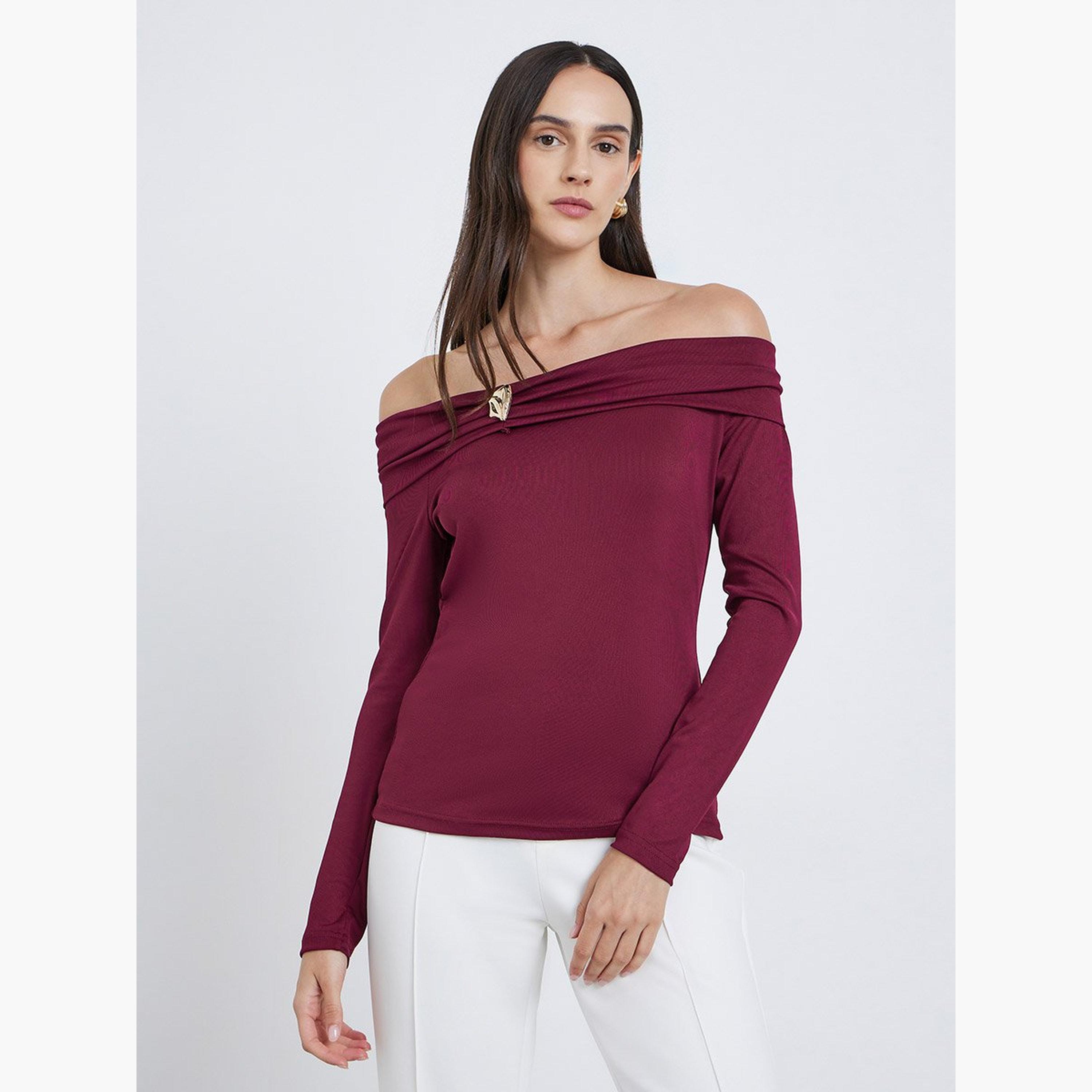 Styli Burgundy Off-Shoulder Long Sleeve Knit Top-women-clothing-tshirts-image-3