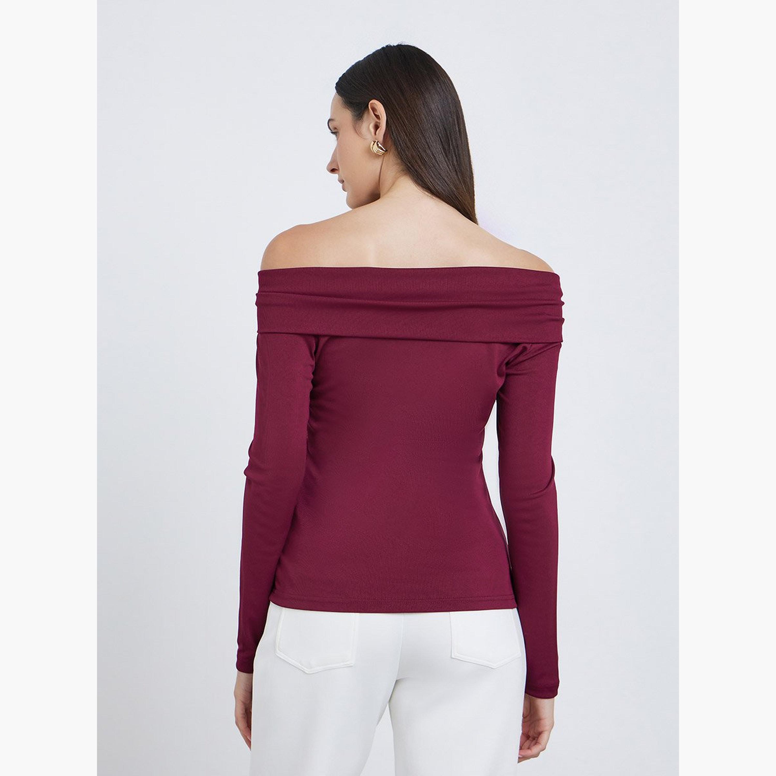 Styli Burgundy Off-Shoulder Long Sleeve Knit Top-women-clothing-tshirts-image-5