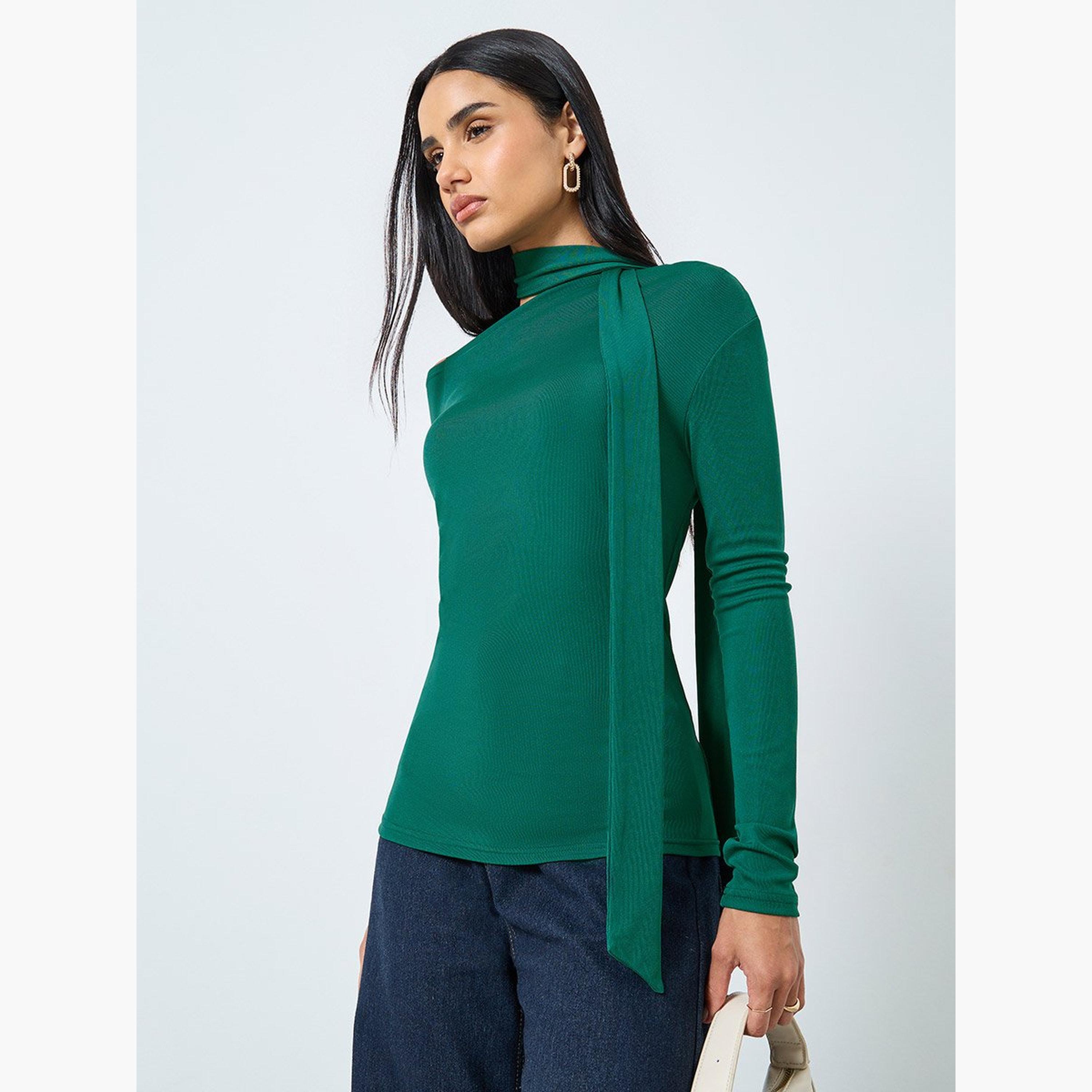 Styli Dark Green Long Sleeve Tie Neck Blouse-women-clothing-shirtsandblouses-blouses-image-1