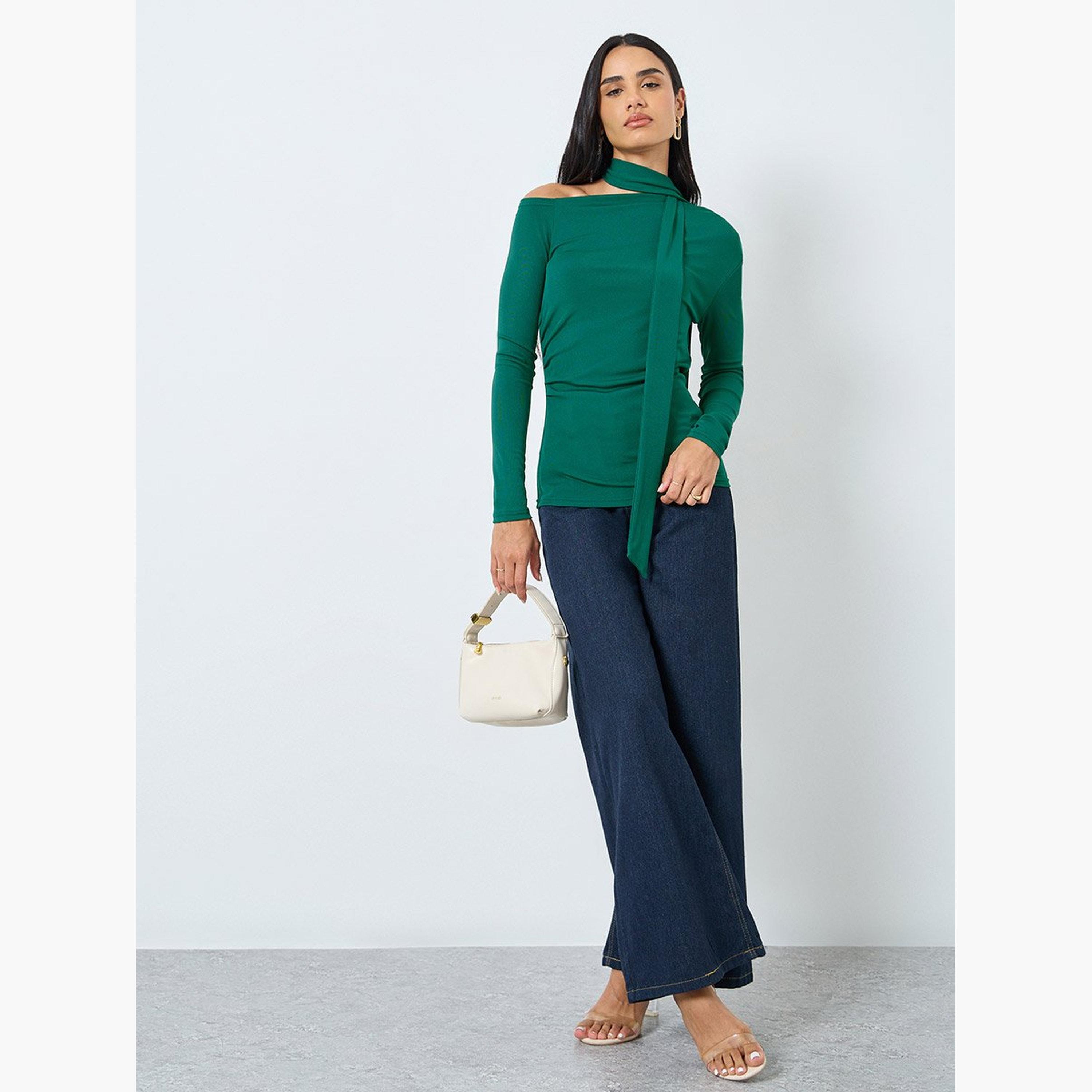 ستايلي - بلوزة خضراء داكنة بأكمام طويلة ورقبة مربوطة-women-clothing-shirtsandblouses-blouses-image-2