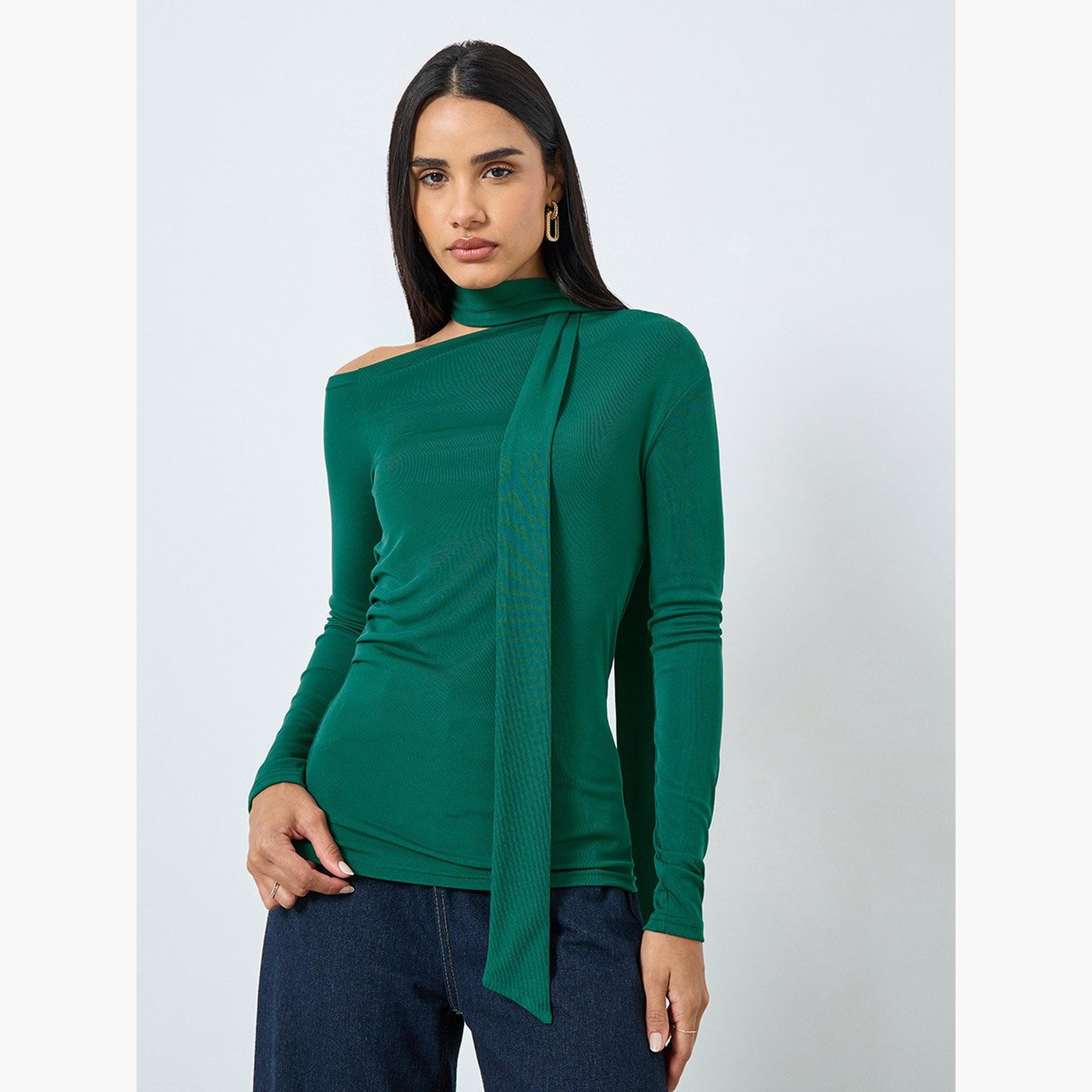 Styli Dark Green Long Sleeve Tie Neck Blouse-women-clothing-shirtsandblouses-blouses-image-3