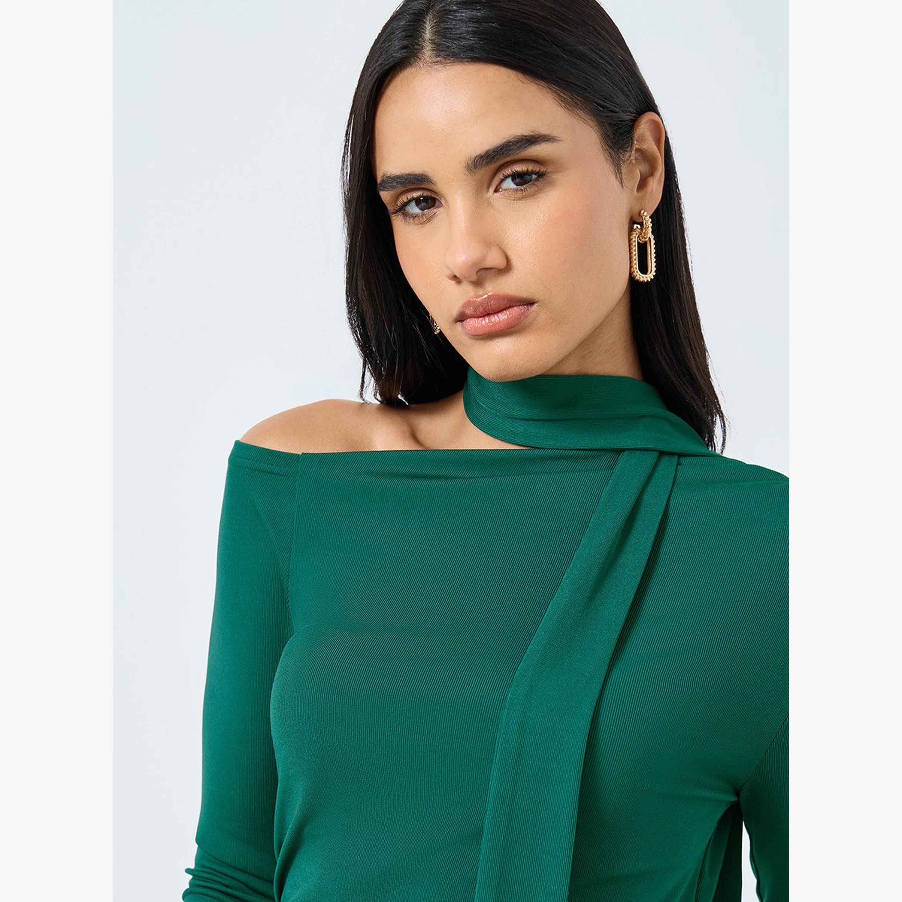 Styli Dark Green Long Sleeve Tie Neck Blouse-women-clothing-shirtsandblouses-blouses-image-4
