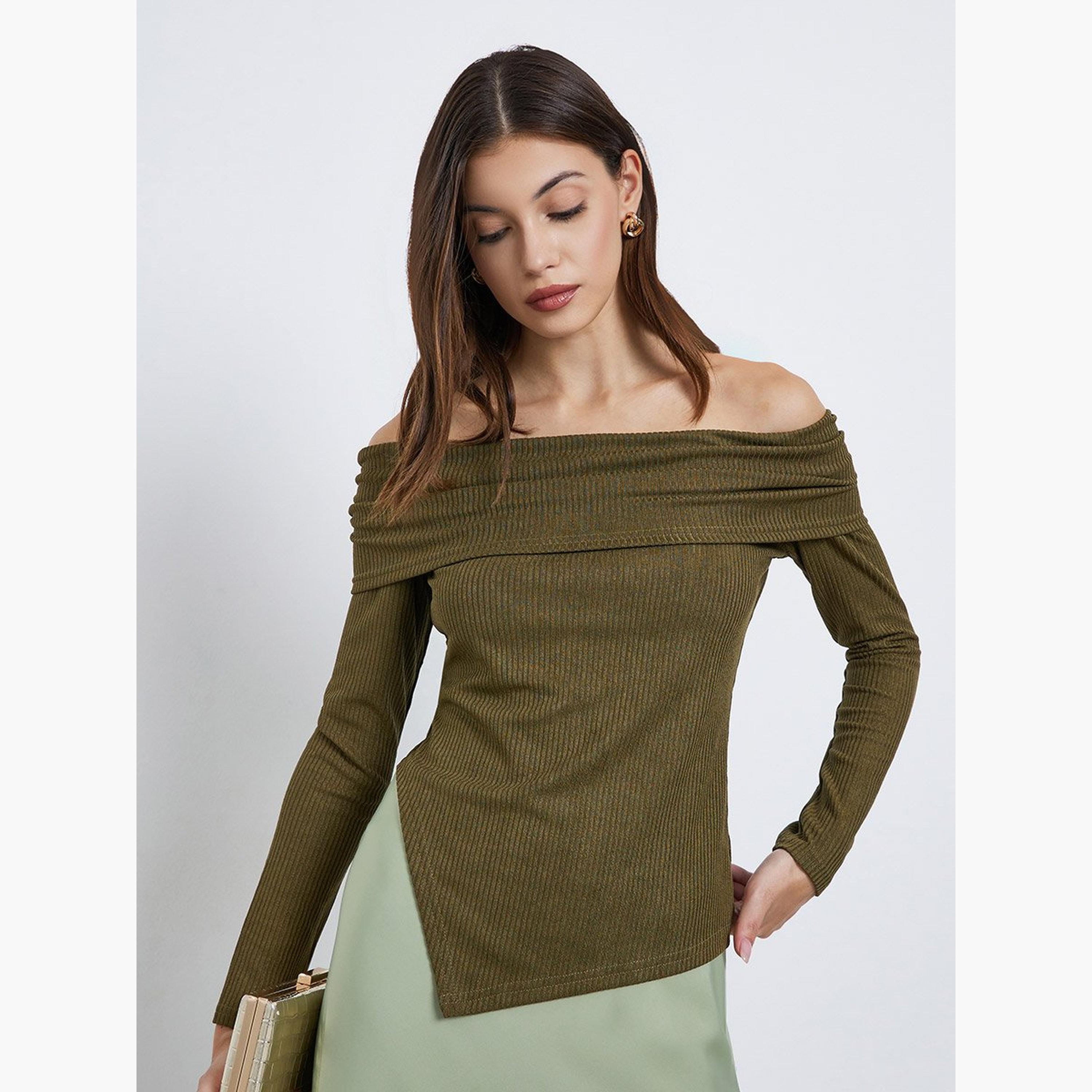 Styli Olive Knit Off-Shoulder Top-women-clothing-tshirts-image-1