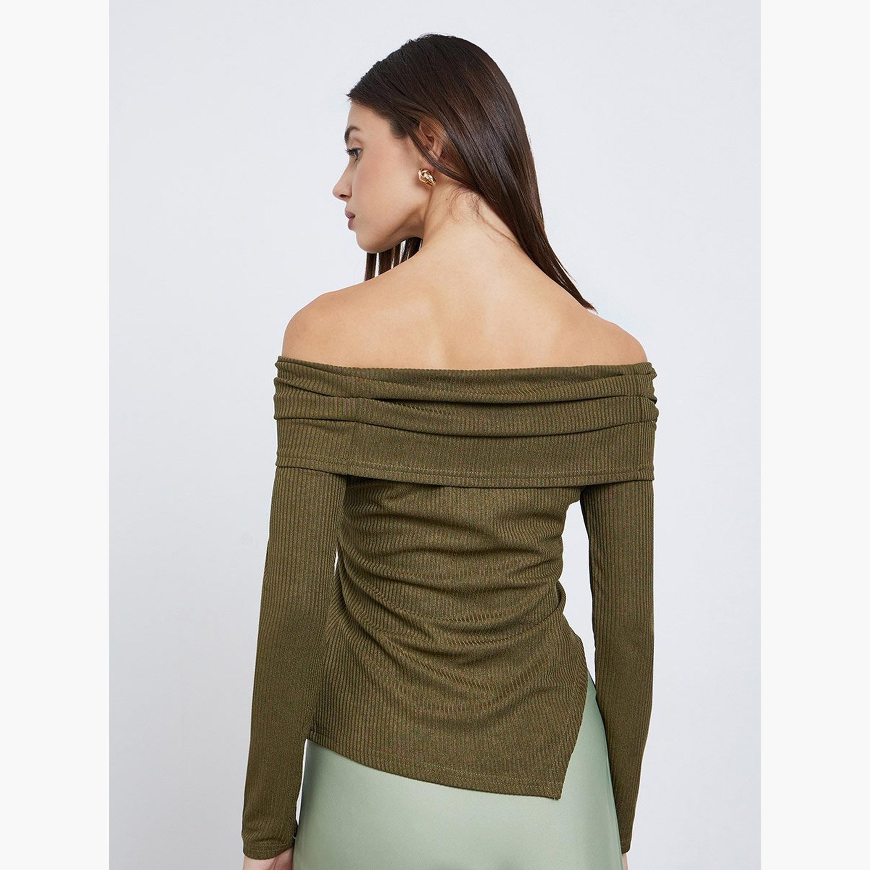 Styli Olive Knit Off-Shoulder Top-women-clothing-tshirts-image-4