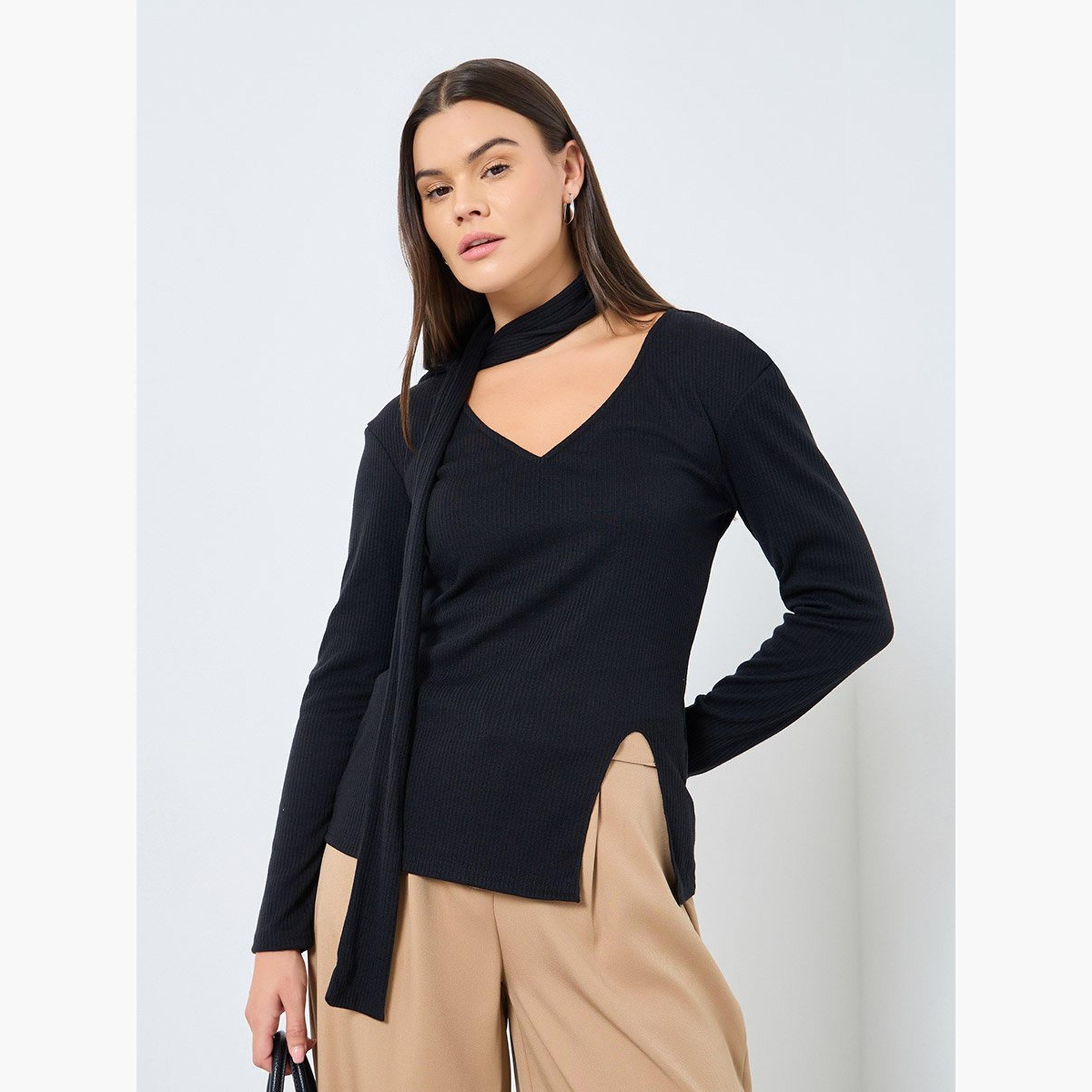 Styli Ribbed Knitted Chocker Neckline Top-women-clothing-tshirts-image-1
