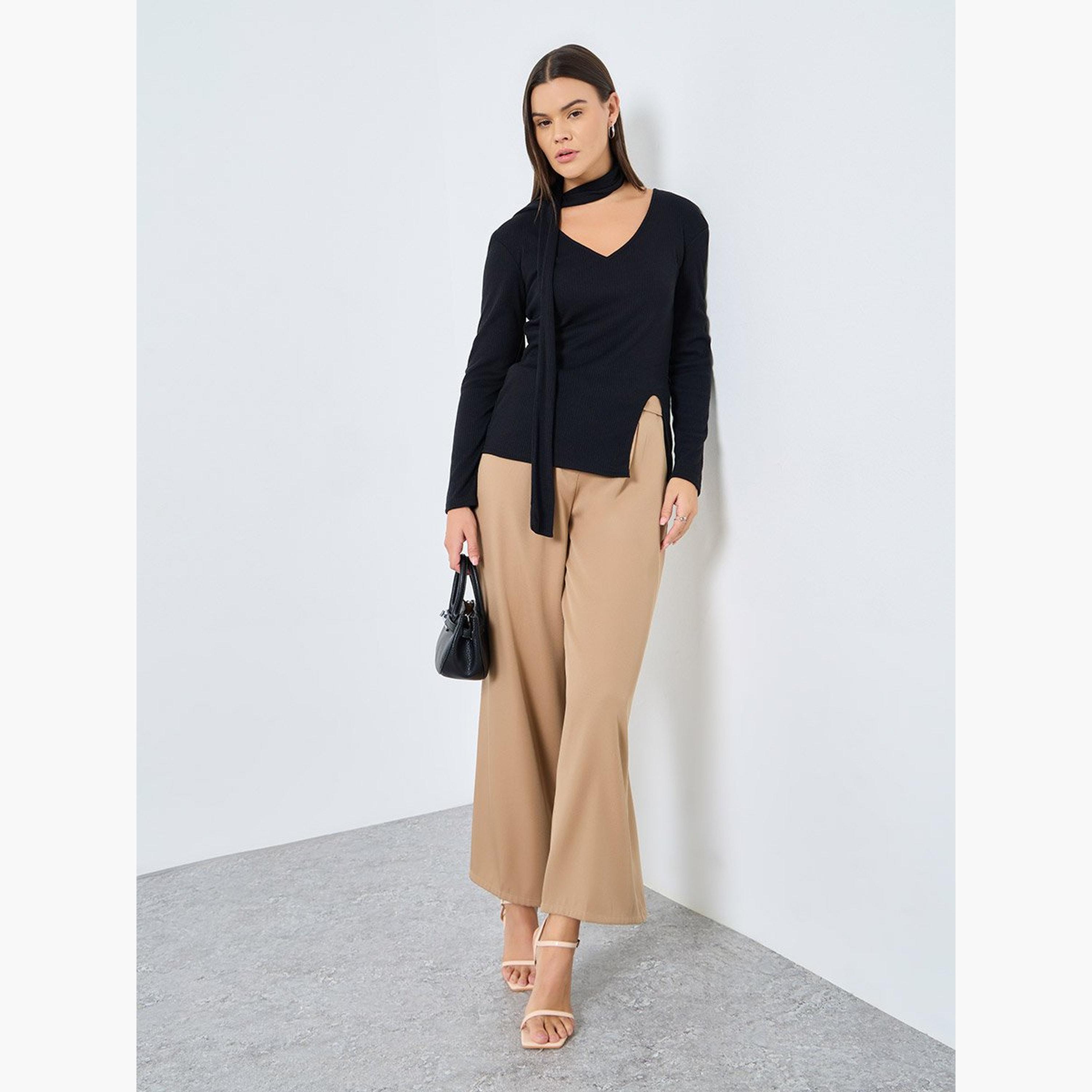 Styli Ribbed Knitted Chocker Neckline Top-women-clothing-tshirts-image-3