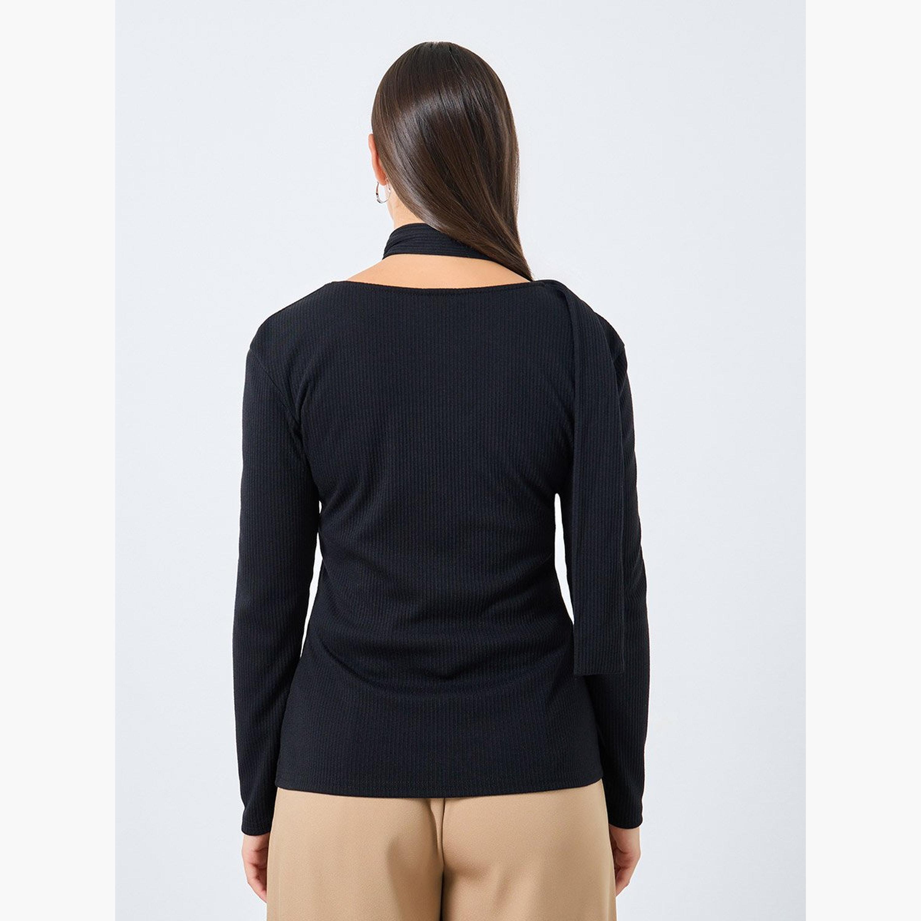 ستايلي - بلوزة محبوكة مضلعة ياقة رقبة تشوكر-women-clothing-tshirts-image-4