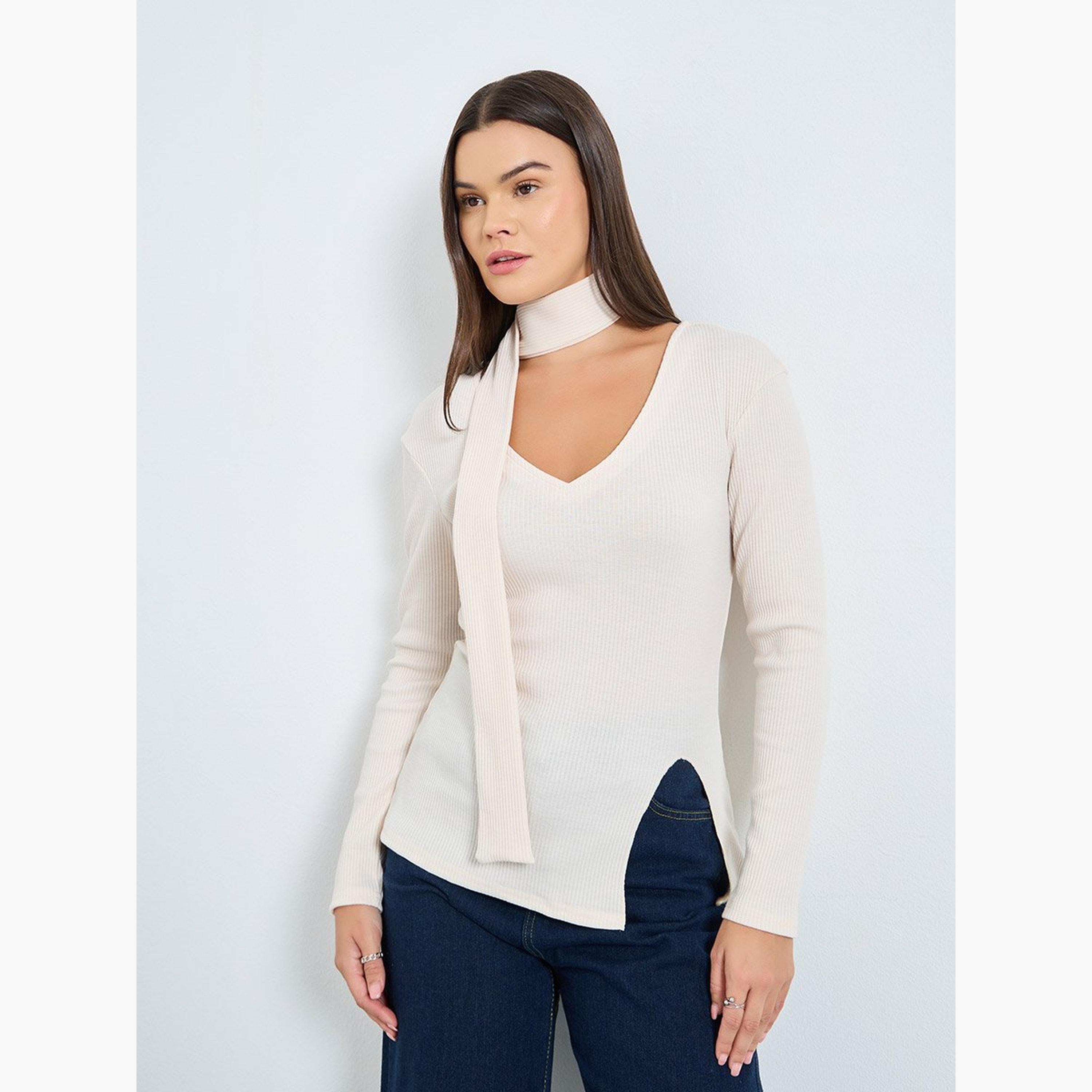 ستايلي - بلوزة محبوكة مضلعة ياقة رقبة تشوكر-women-clothing-tshirts-image-1