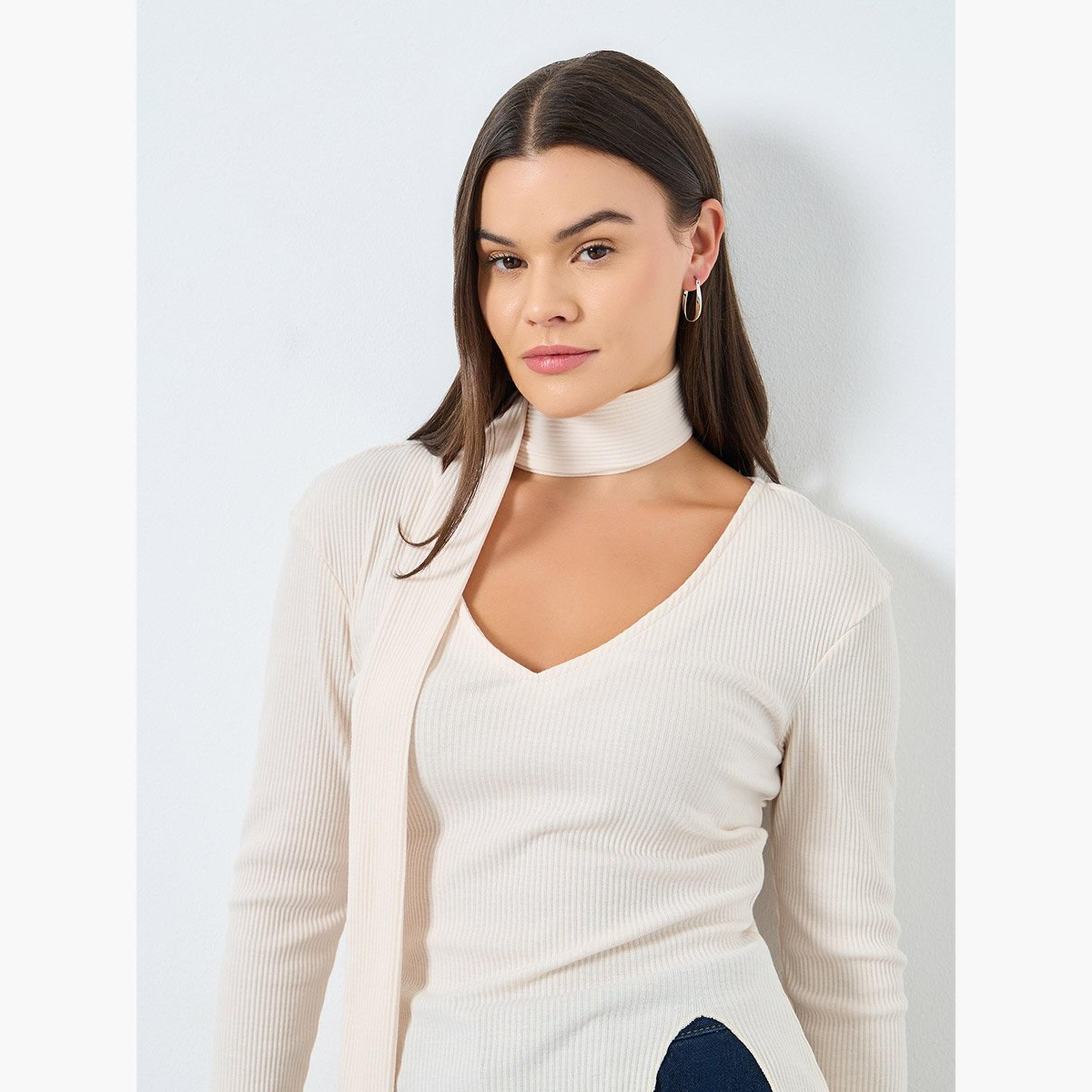 Styli Ribbed Knitted Chocker Neckline Top-women-clothing-tshirts-image-2