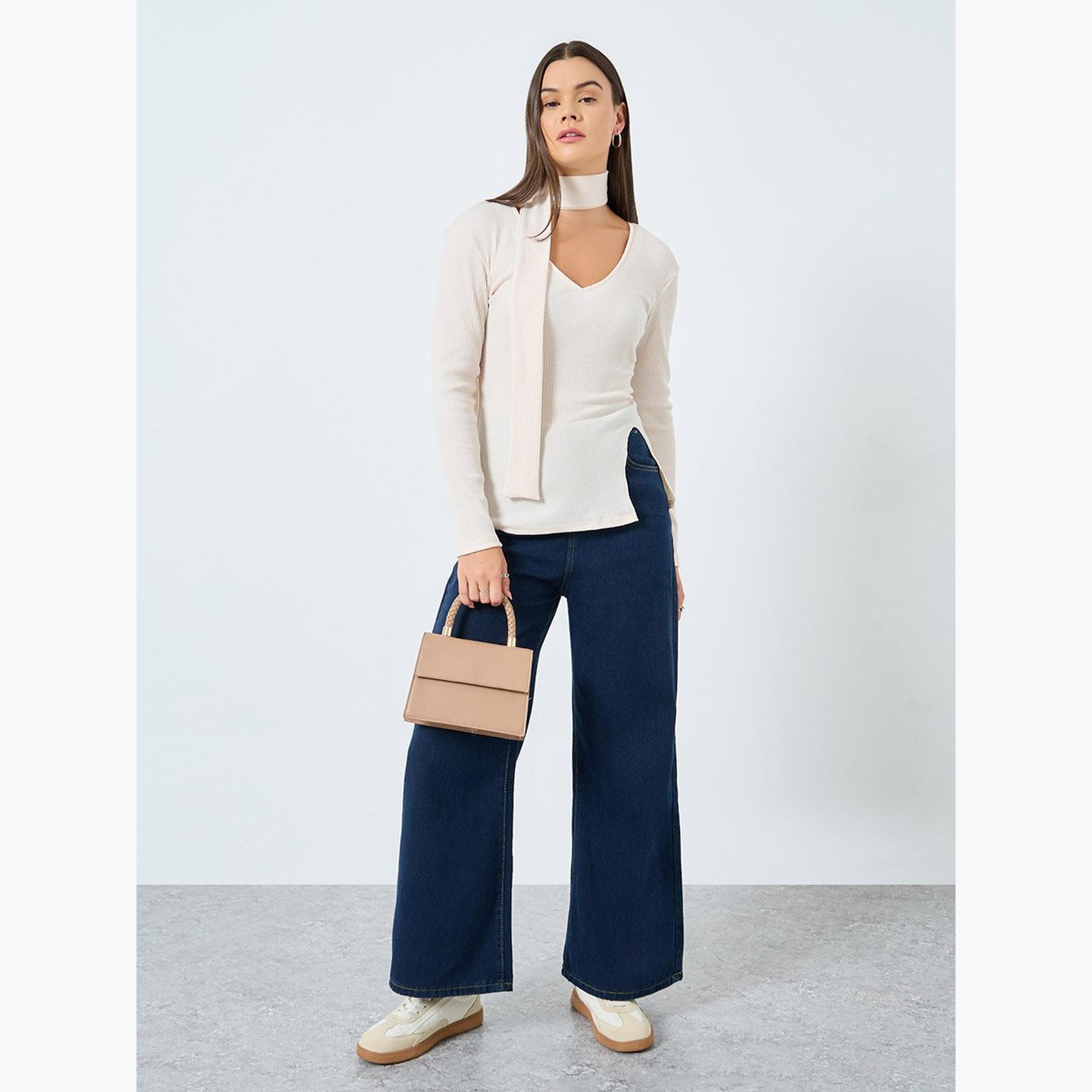 Styli Ribbed Knitted Chocker Neckline Top-women-clothing-tshirts-image-3