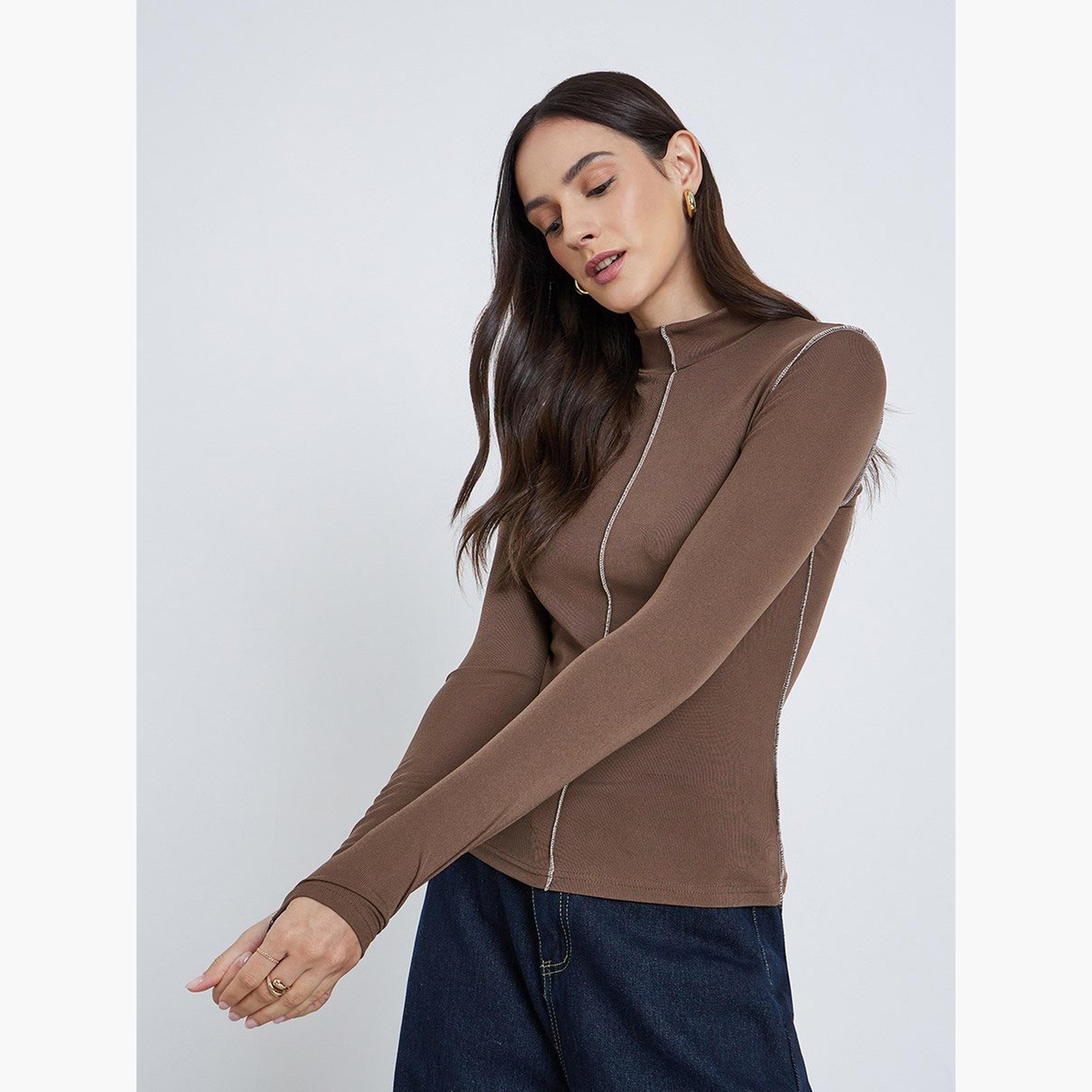 Styli Turtleneck Contrast Trim Ribbed Knit Top-women-clothing-tshirts-image-1