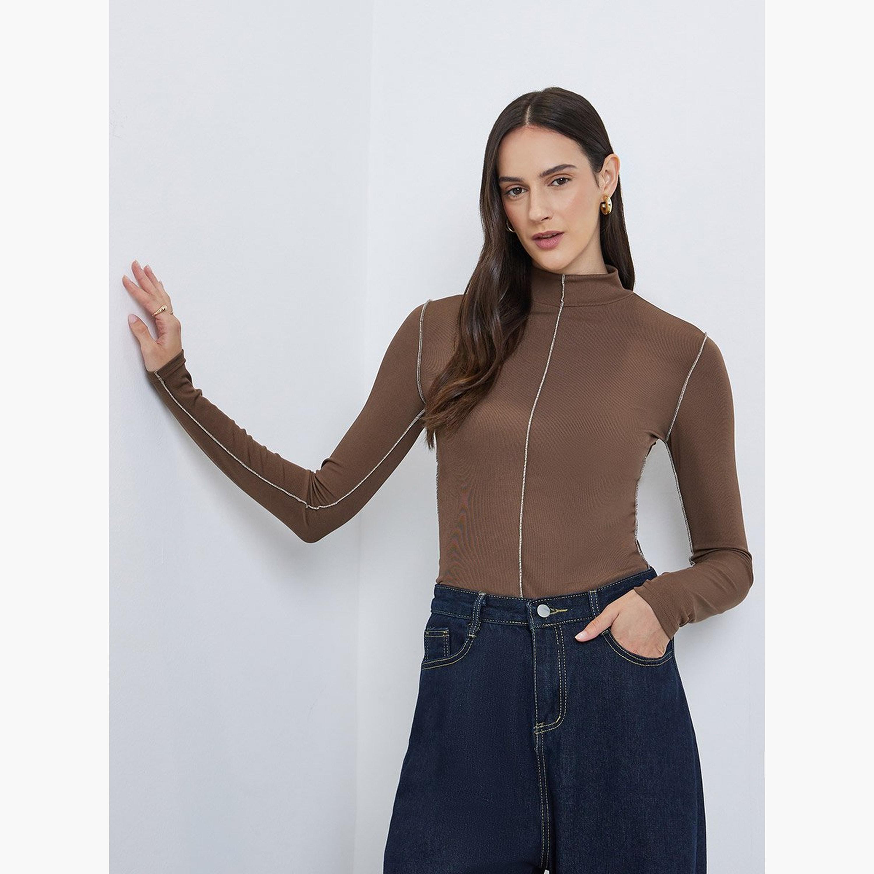Styli Turtleneck Contrast Trim Ribbed Knit Top-women-clothing-tshirts-image-2