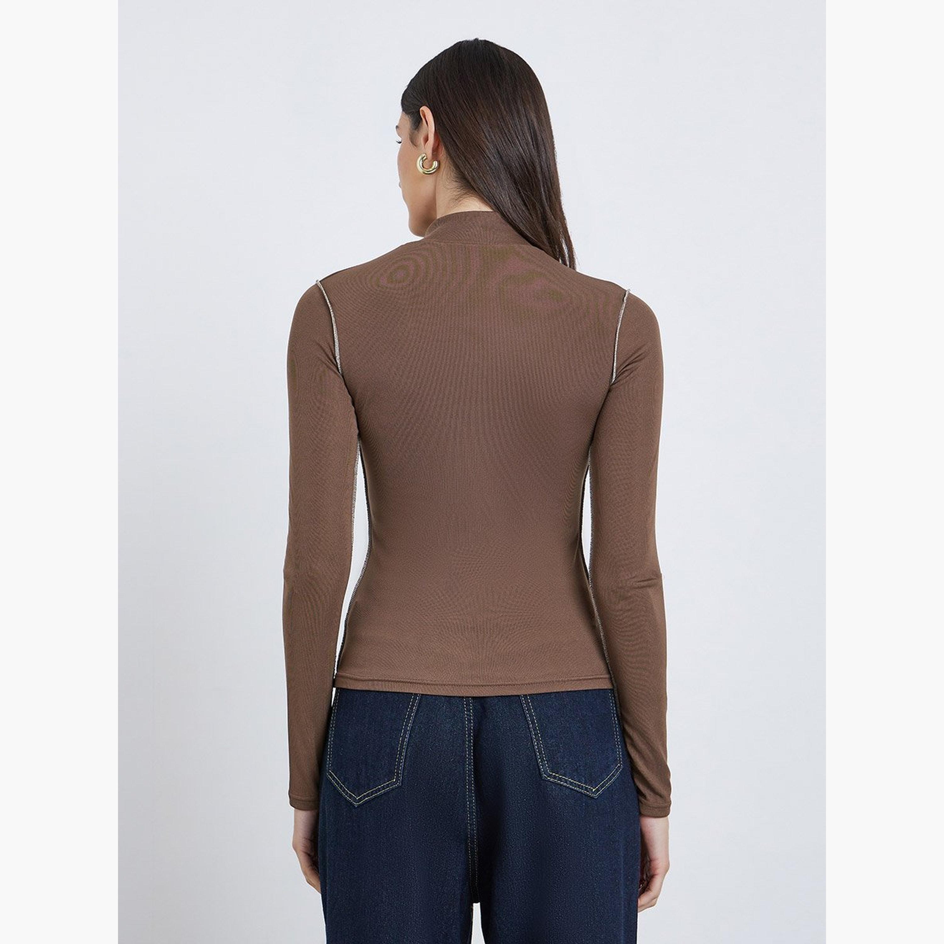 Styli Turtleneck Contrast Trim Ribbed Knit Top-women-clothing-tshirts-image-5
