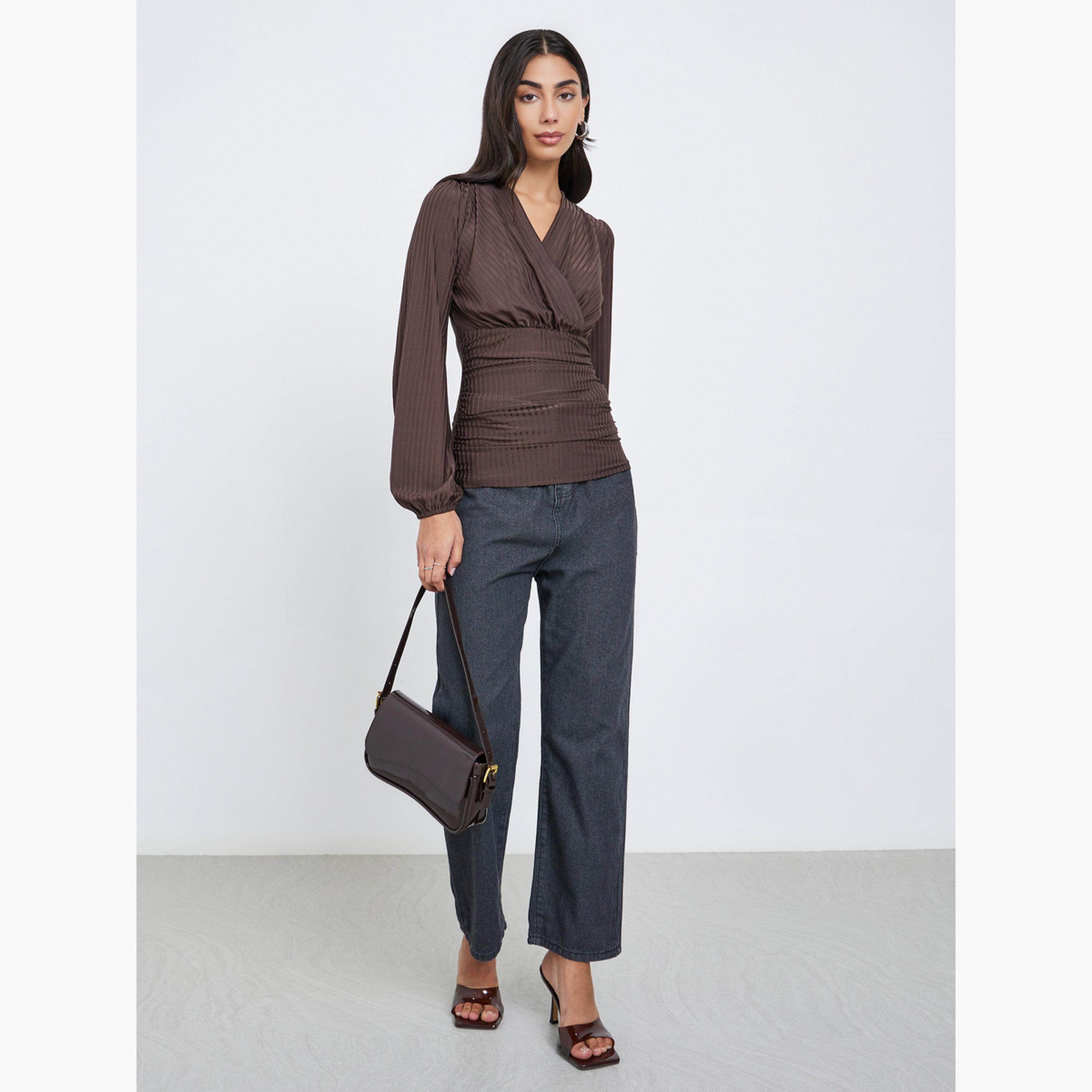 Styli Brown Ribbed V Neck Blouse-women-clothing-shirtsandblouses-blouses-image-2