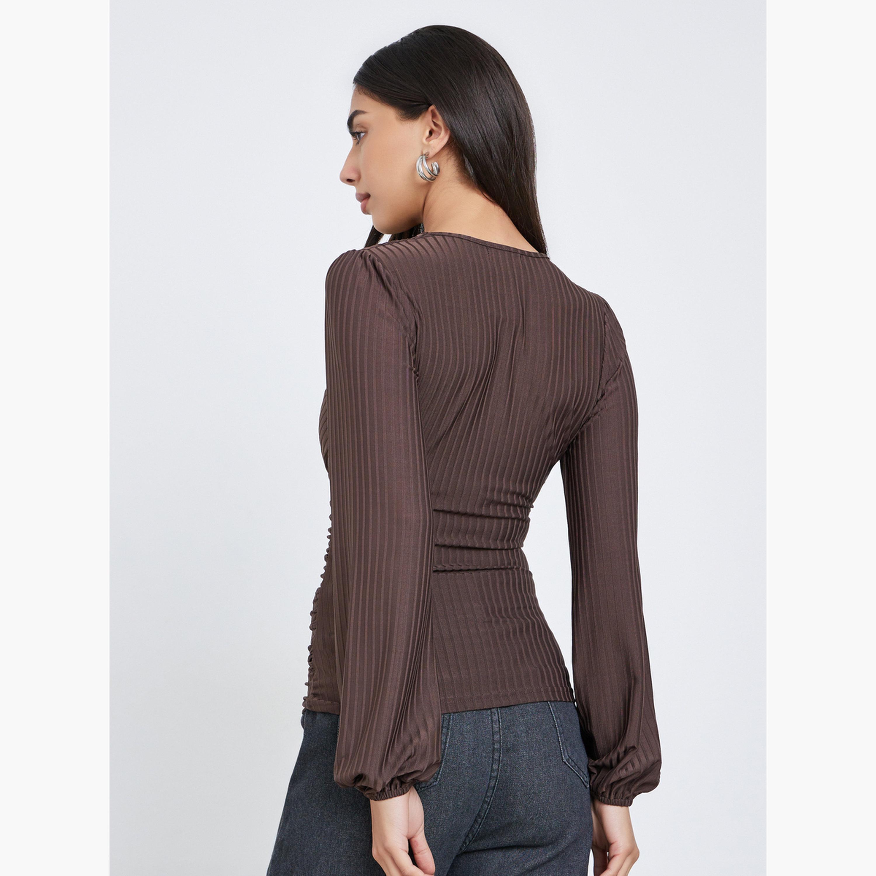 Styli Brown Ribbed V Neck Blouse-women-clothing-shirtsandblouses-blouses-image-4