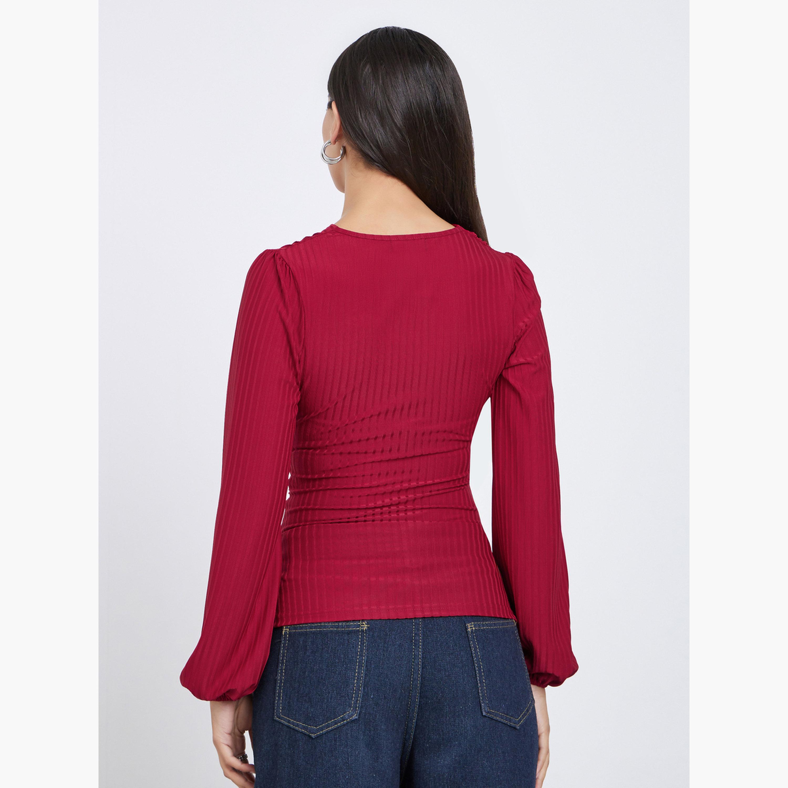 ستايلي - بلوزة برغندي مضلعة بفتحة رقبة على شكل حرف V-women-clothing-shirtsandblouses-blouses-image-4