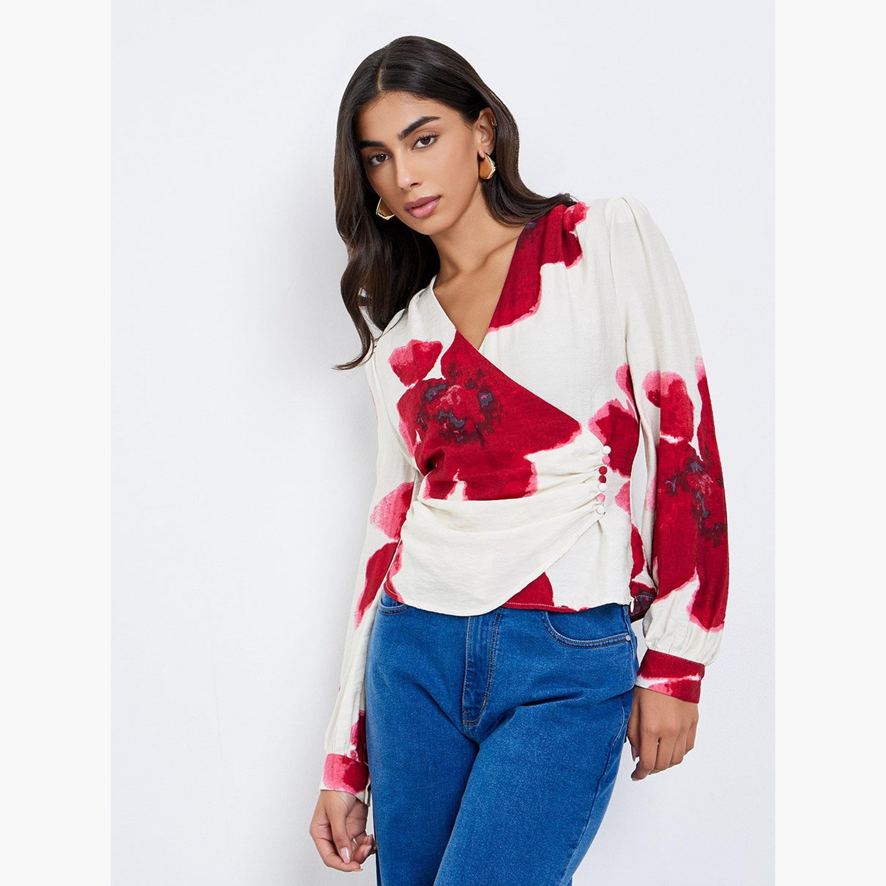 ستايلي - توب ملفوف بطبعة زهور كريمي-women-clothing-shirtsandblouses-blouses-image-1