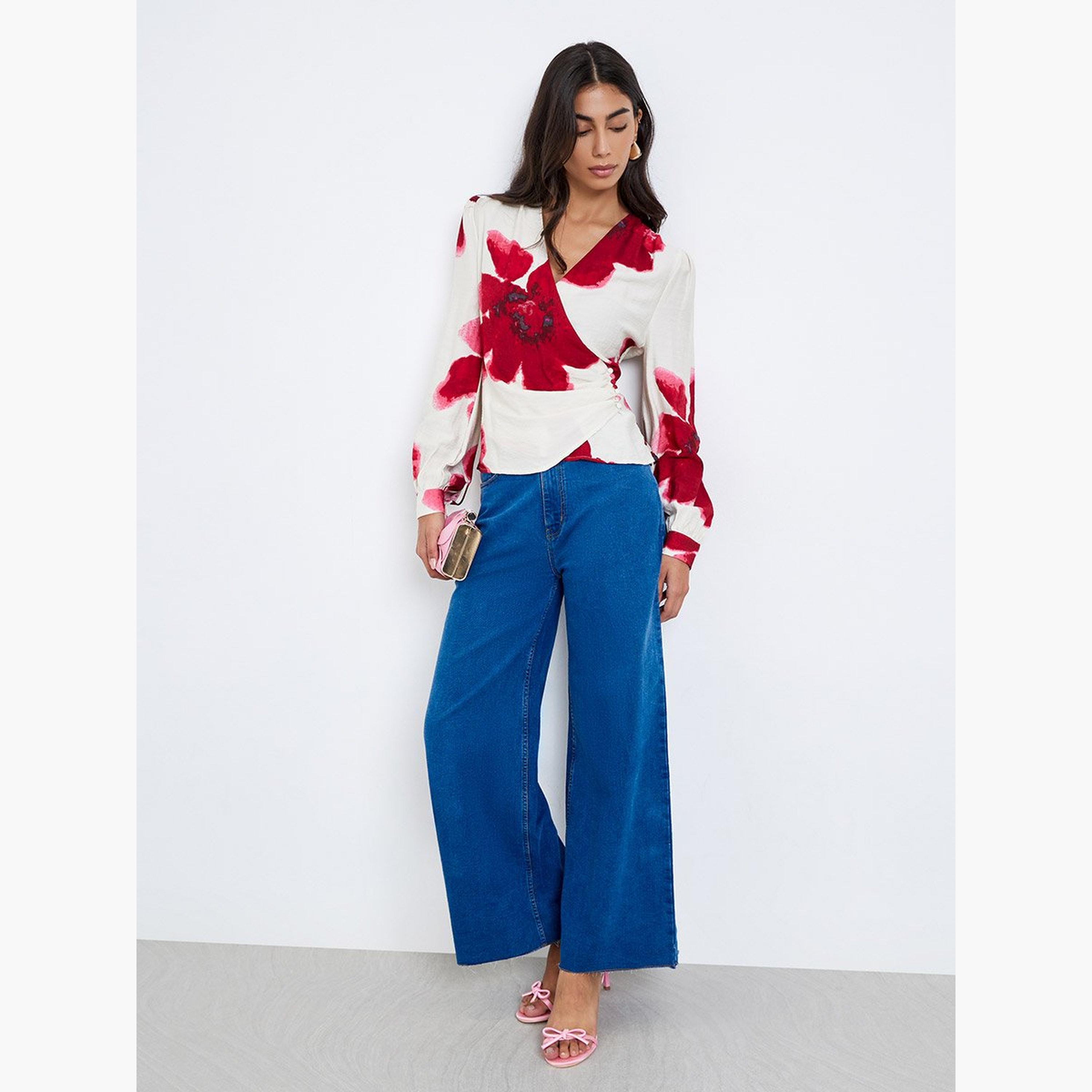 Styli Cream Floral Print Wrap Top-women-clothing-shirtsandblouses-blouses-image-2