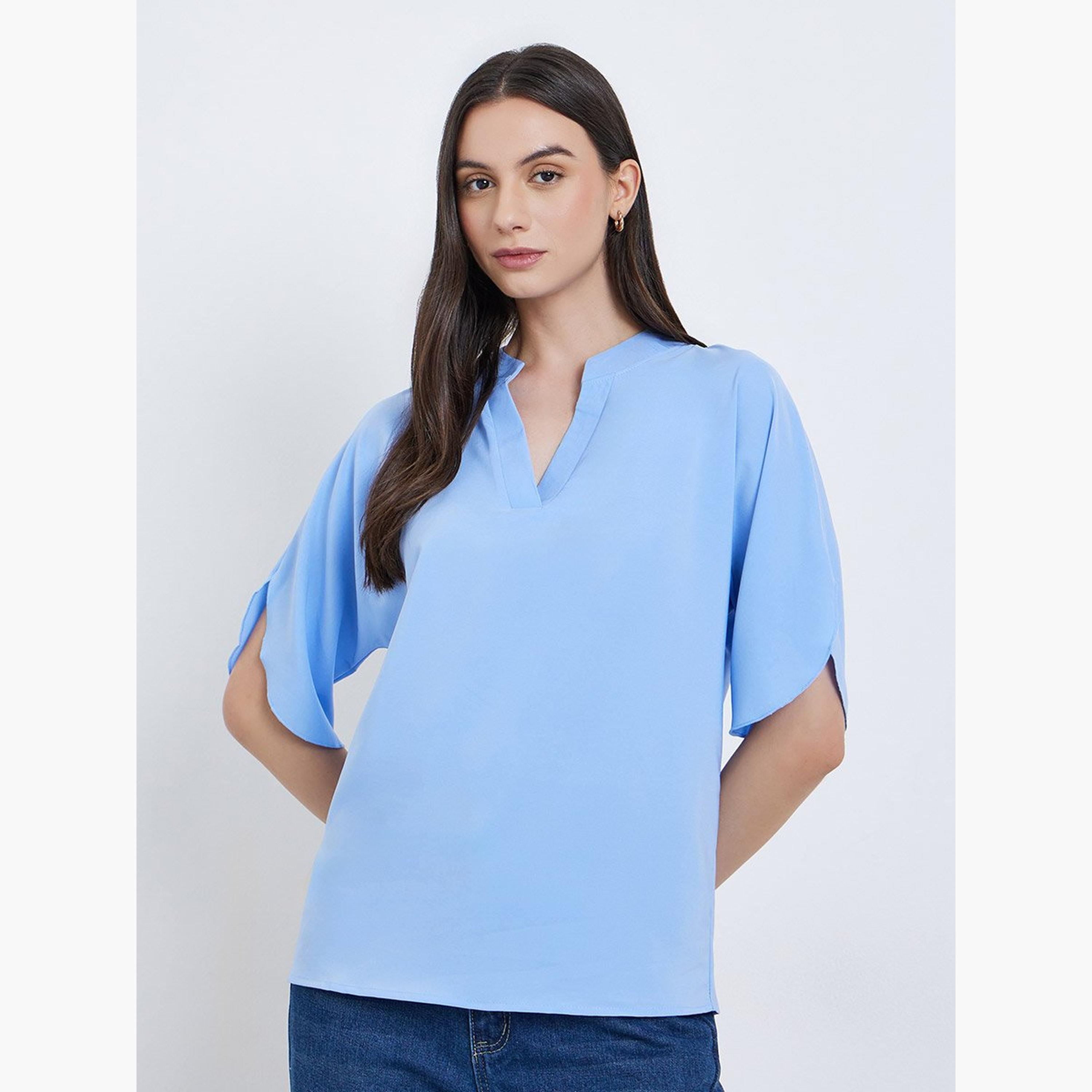 Take Two Women Blue Short Sleeve Blouse-women-clothing-shirtsandblouses-blouses-image-1