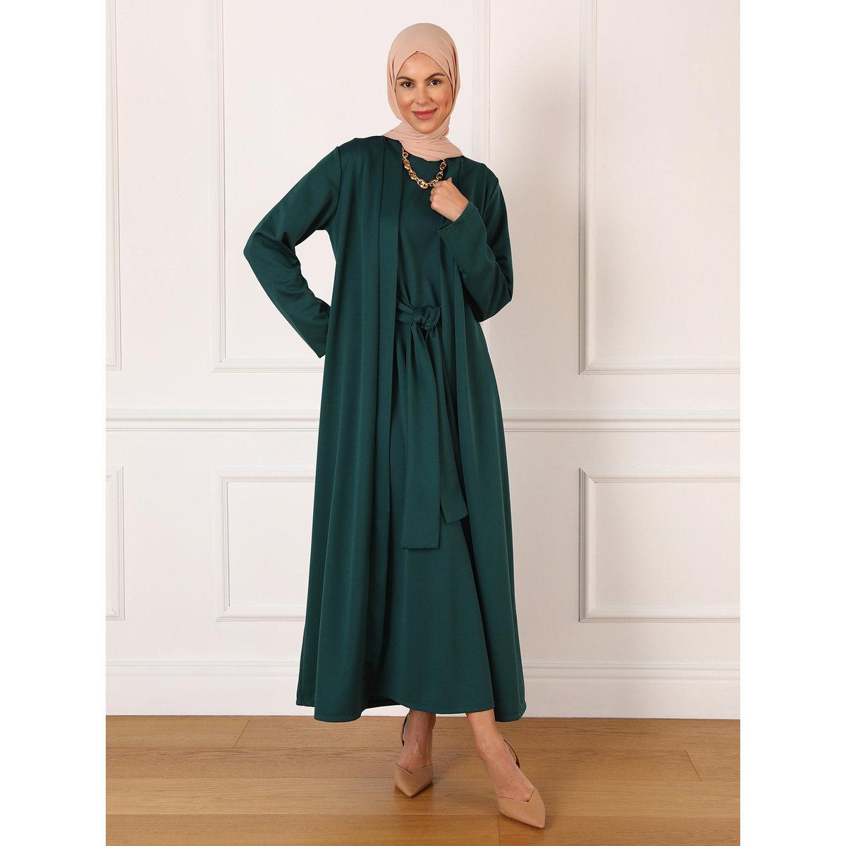 طقم منسق من كيمونو وفستان طويل بتفاصيل ربطة-women-clothing-coordsets-image-2