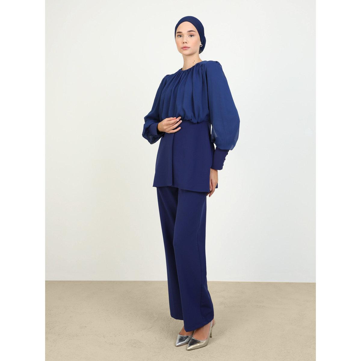 Modanisa X Styli Navy Blue Bishop Sleeve Tunic with Trousers Co-Ords-women-clothing-coordsets-image-1