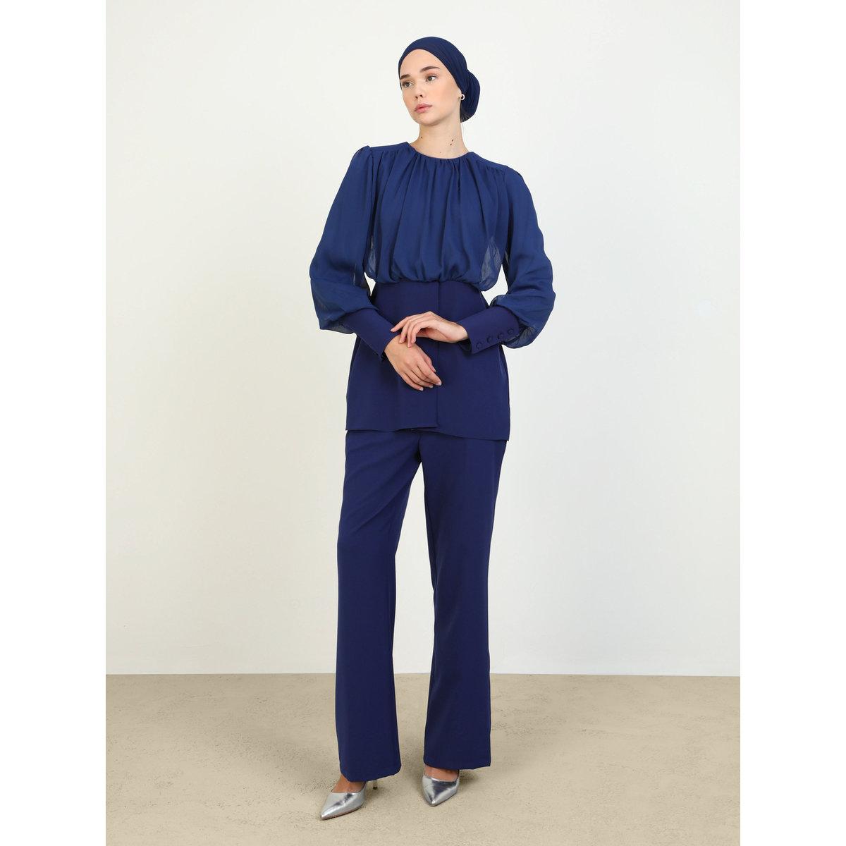 Modanisa X Styli Navy Blue Bishop Sleeve Tunic with Trousers Co-Ords-women-clothing-coordsets-image-2