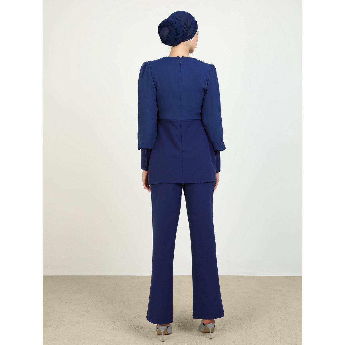 Modanisa X Styli Navy Blue Bishop Sleeve Tunic with Trousers Co-Ords-women-clothing-coordsets-image-5