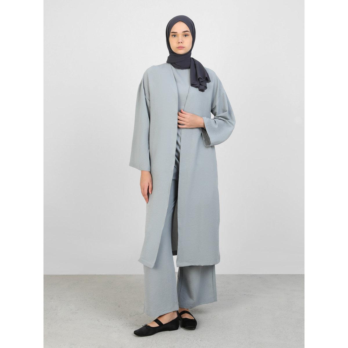 Modanisa X Styli Grey Sleeveless Ruched Top with Kimono and Trousers Co-Ords-women-clothing-coordsets-image-1