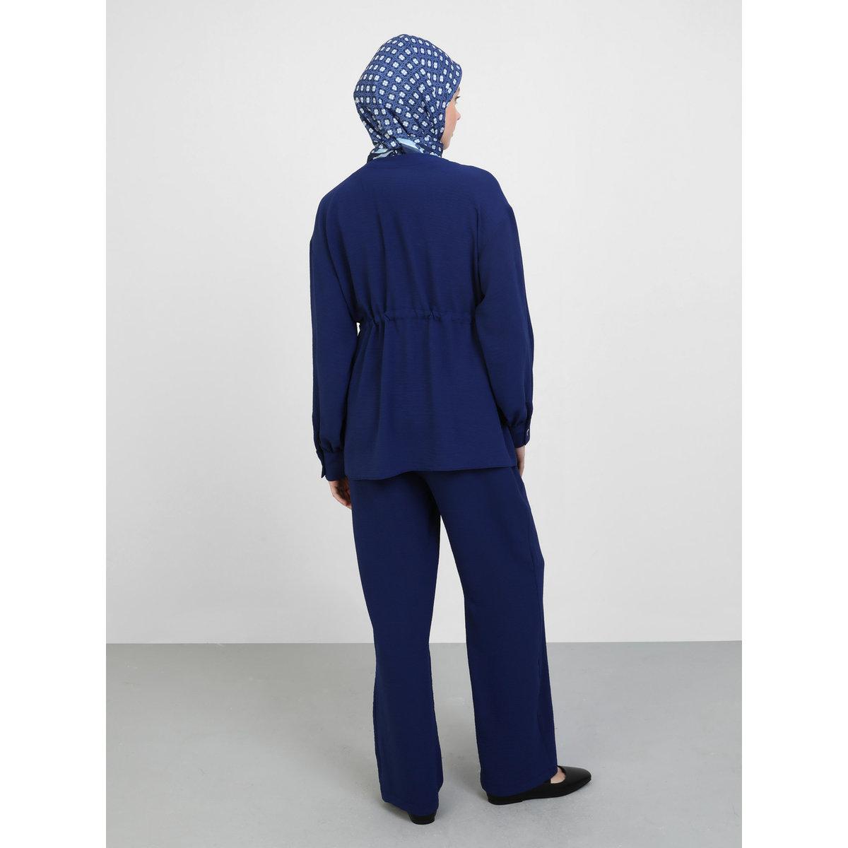 Modanisa X Styli Navy Blue Buttoned Ruched Waist Tunic with Trousers Co-Ords-women-clothing-coordsets-image-6