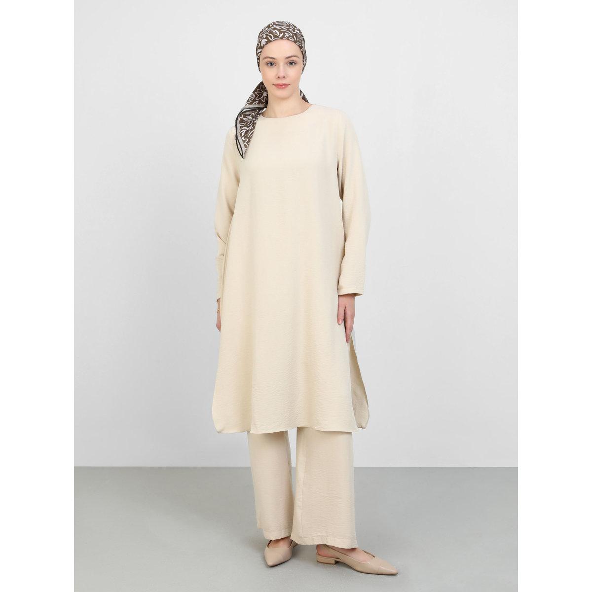 Modanisa X Styli Beige Long Sleeve Side Slit Tunic with Trousers Co-Ords-women-clothing-coordsets-image-1