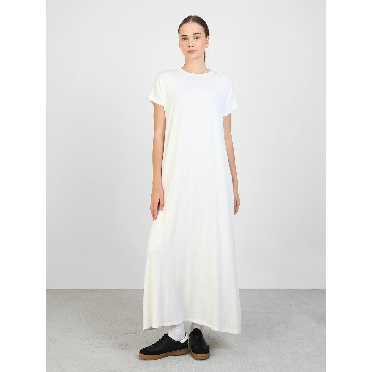 Modanisa X Styli Off White Solid Crew Neck Maxi Dress-women-clothing-dresses-image-1