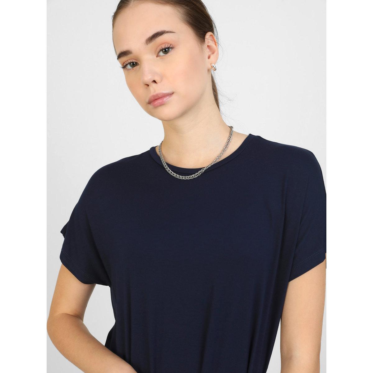 Modanisa X Styli Navy Blue Solid Crew Neck Maxi Dress-women-clothing-dresses-image-2