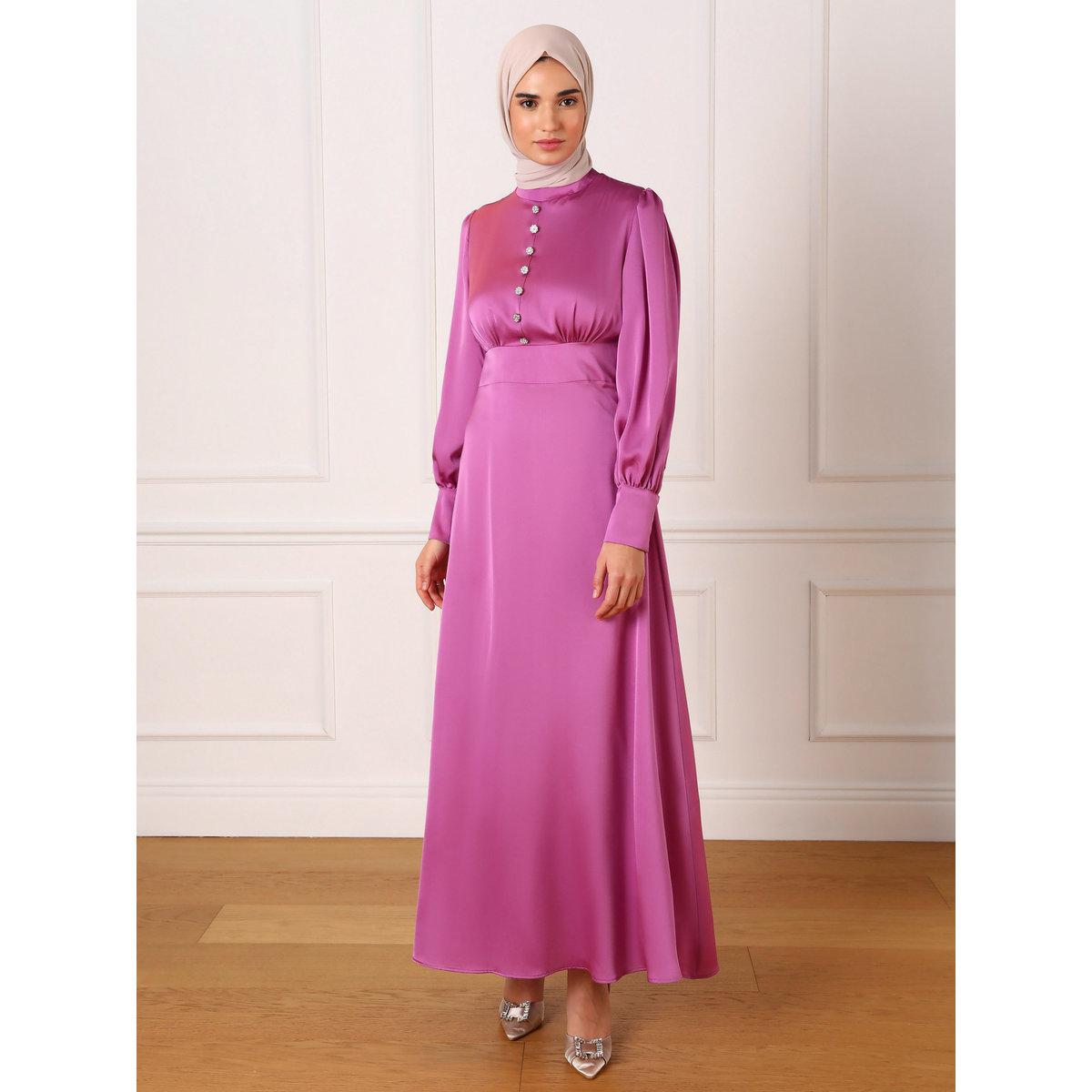 Modanisa X Styli Pink Satin Embellished Buttons Maxi Dress-women-clothing-dresses-image-1