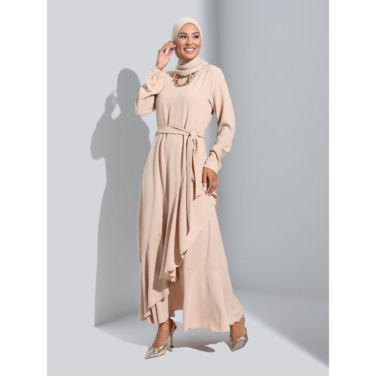 Modanisa X Styli Beige Modest Maxi Dress with Ruffled Edge-women-clothing-dresses-image-5