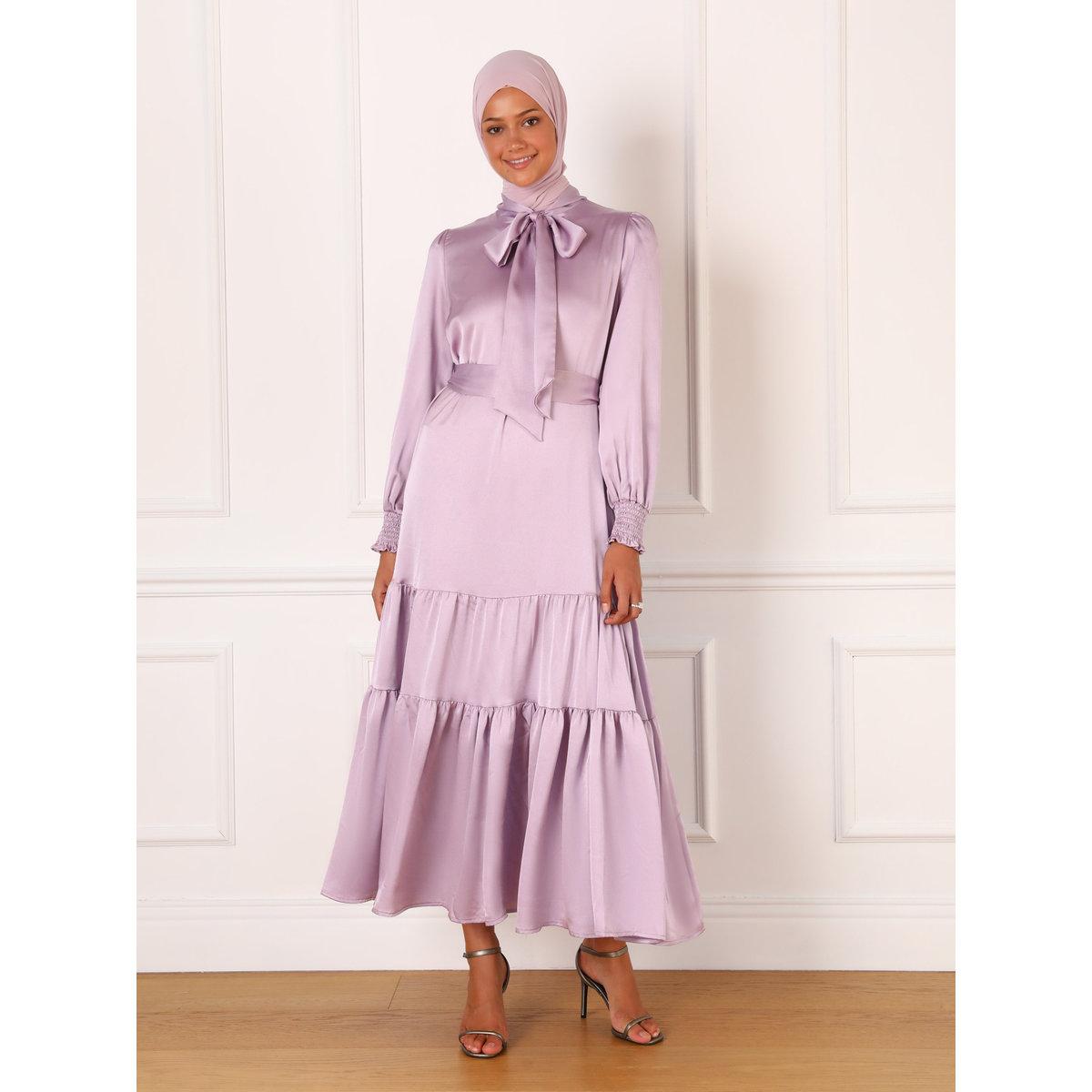 Modanisa X Styli Lilac Satin Tie-Up Neck Tiered Maxi Dress-women-clothing-dresses-image-1