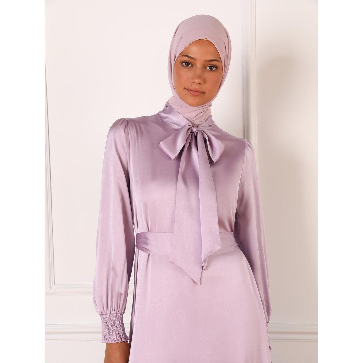 Modanisa X Styli Lilac Satin Tie-Up Neck Tiered Maxi Dress-women-clothing-dresses-image-3
