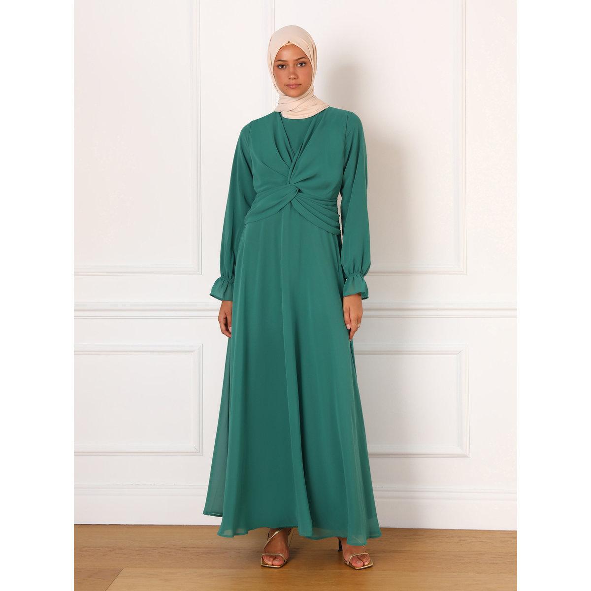 فستان طويل سادة بتفاصيل عُقدة-women-clothing-dresses-image-1