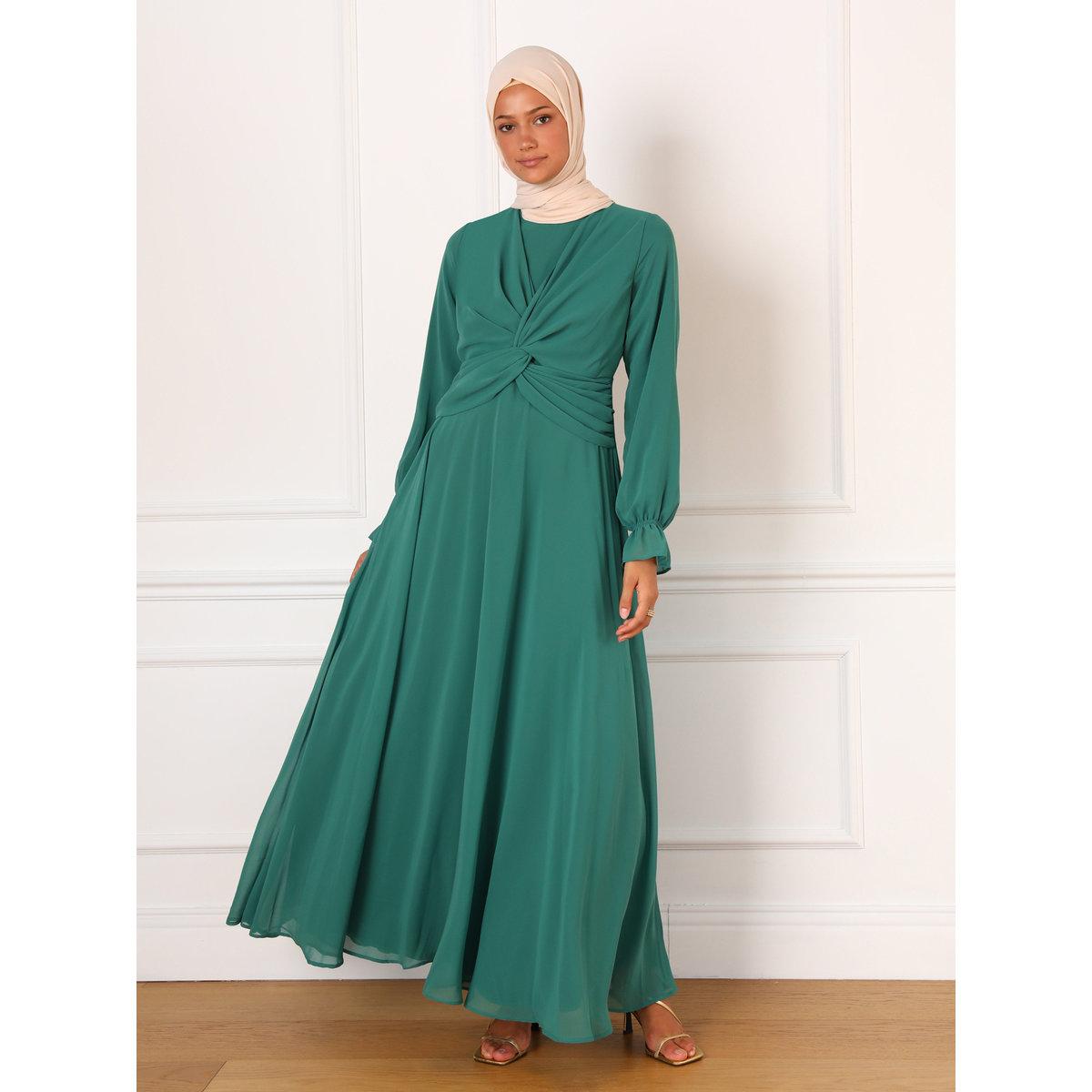 Modanisa X Styli Dark Green Solid Twist Front Maxi Dress-women-clothing-dresses-image-2