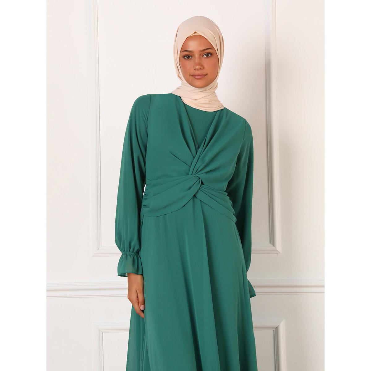Modanisa X Styli Dark Green Solid Twist Front Maxi Dress-women-clothing-dresses-image-3