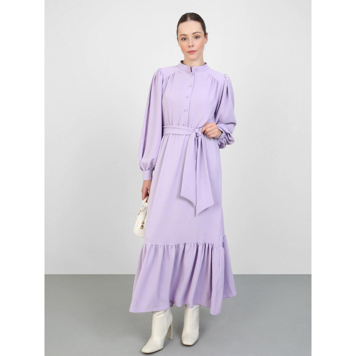 فستان طويل بأكمام بالون وحواف كشكش-women-clothing-dresses-image-1