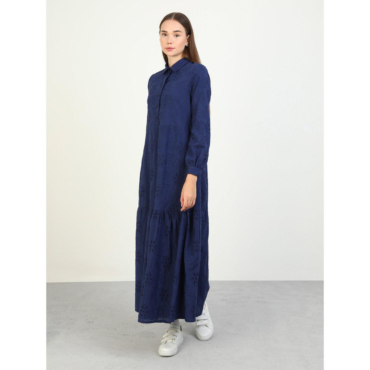 Modanisa X Styli Navy Blue Embroidered Eyelet Maxi Dress-women-clothing-dresses-image-5