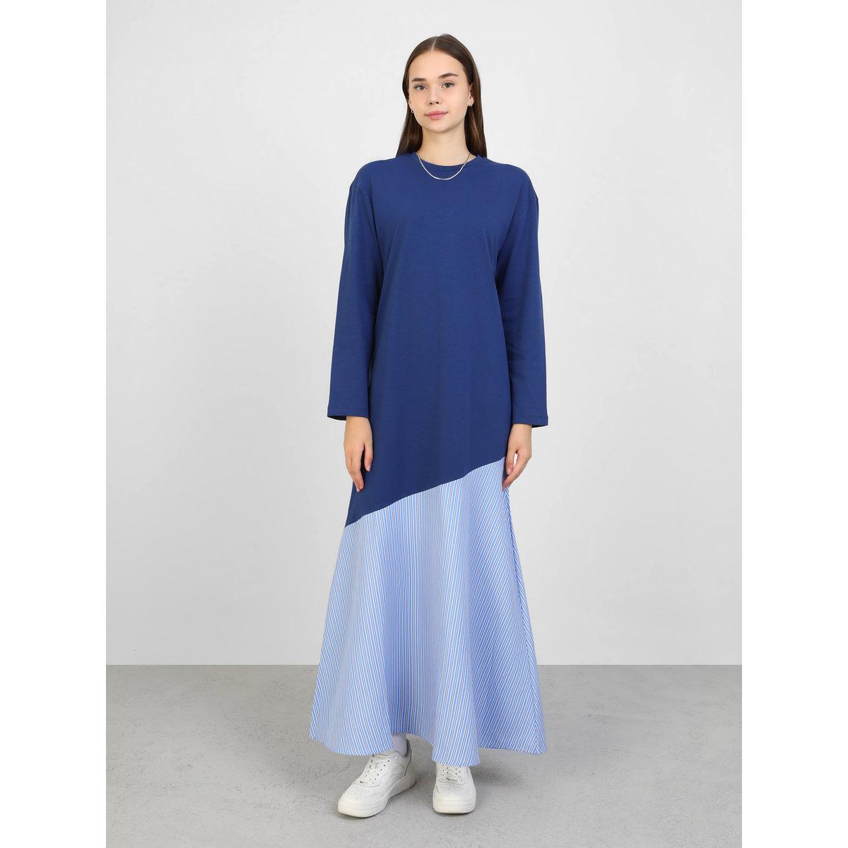 Modanisa X Styli Navy Blue Color Block A-Line Maxi Dress-women-clothing-dresses-image-1