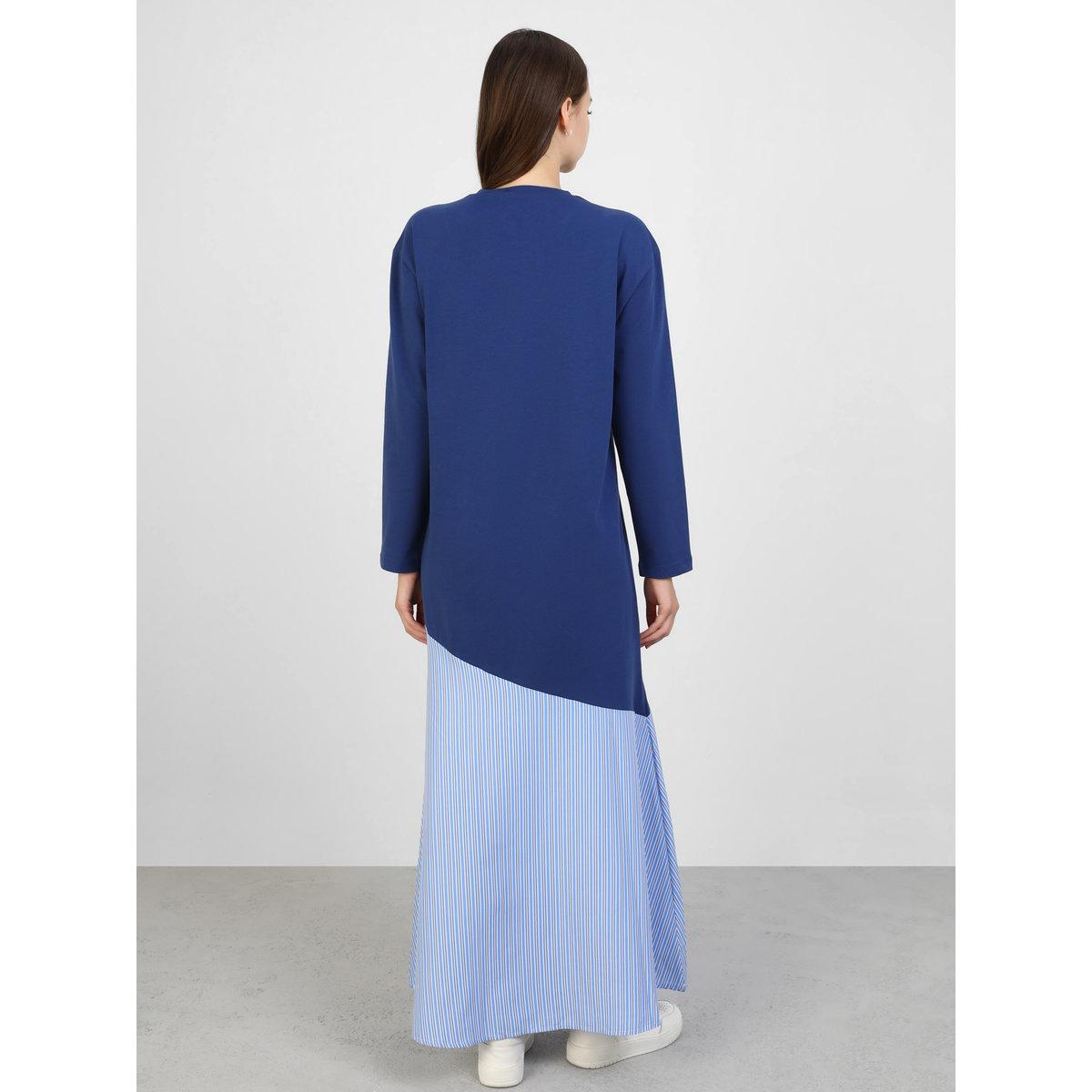 Modanisa X Styli Navy Blue Color Block A-Line Maxi Dress-women-clothing-dresses-image-4