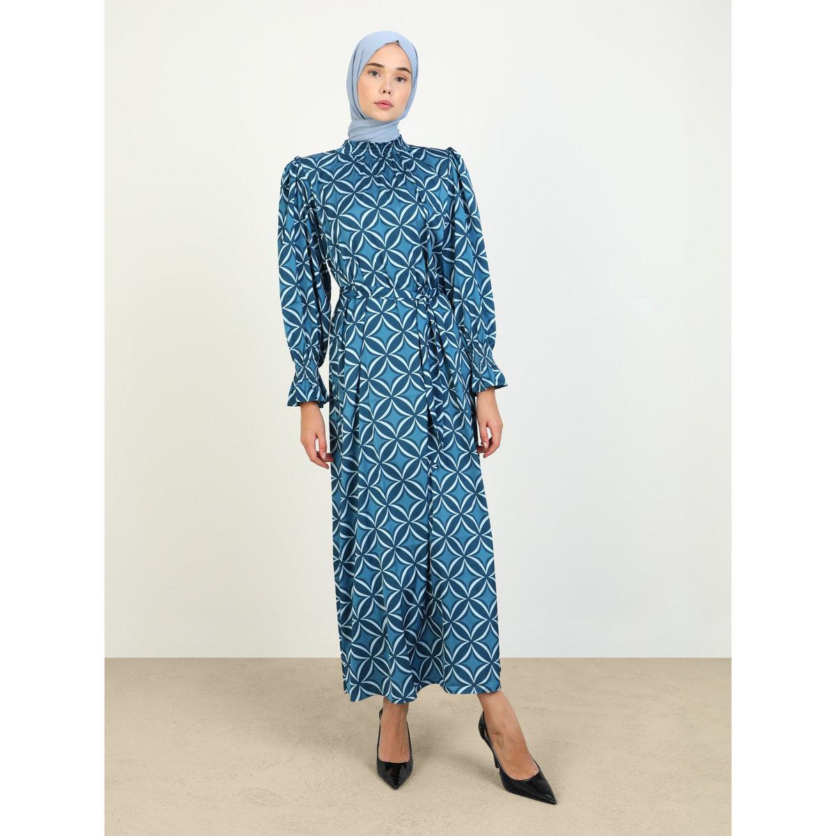 Modanisa X Styli Blue All Over Print  Modest Maxi Dress-women-clothing-dresses-image-1