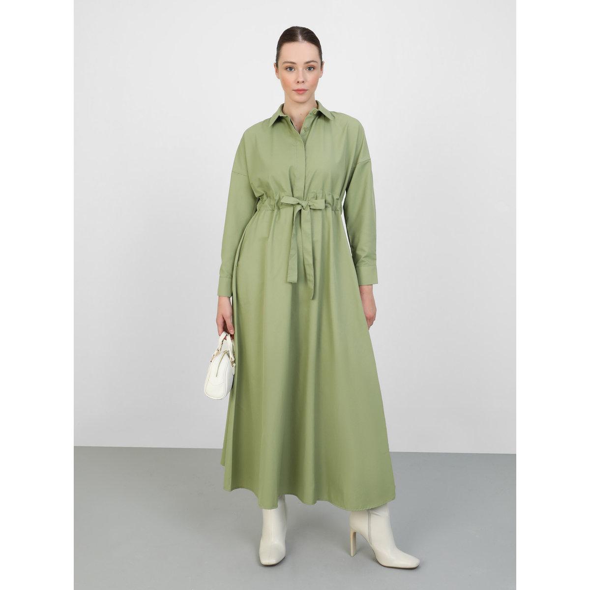 Modanisa X Styli Solid Buttoned Maxi Dress with Tie-Up Belt Detail-women-clothing-dresses-image-1