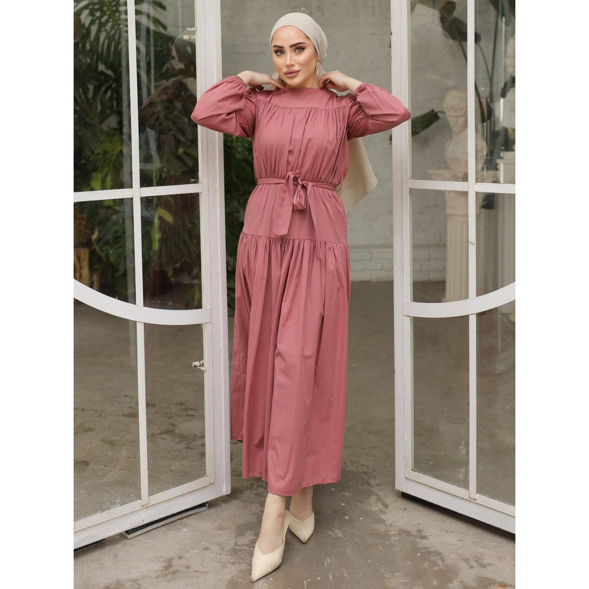 فستان طويل سادة بتفاصيل كسرات-women-clothing-dresses-image-1