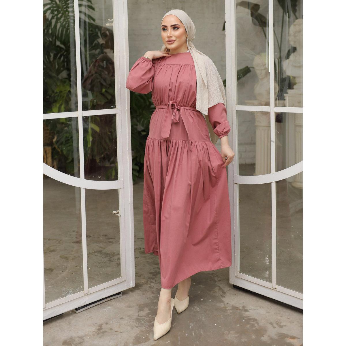 Modanisa X Styli Solid Tiered Maxi Dress with Waist Tie Detail-women-clothing-dresses-image-2
