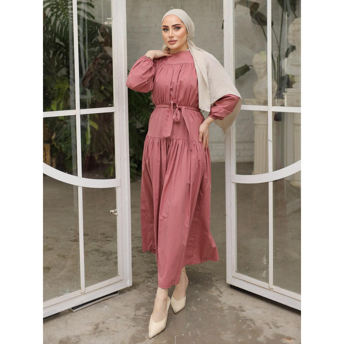 فستان طويل سادة بتفاصيل كسرات-women-clothing-dresses-image-3