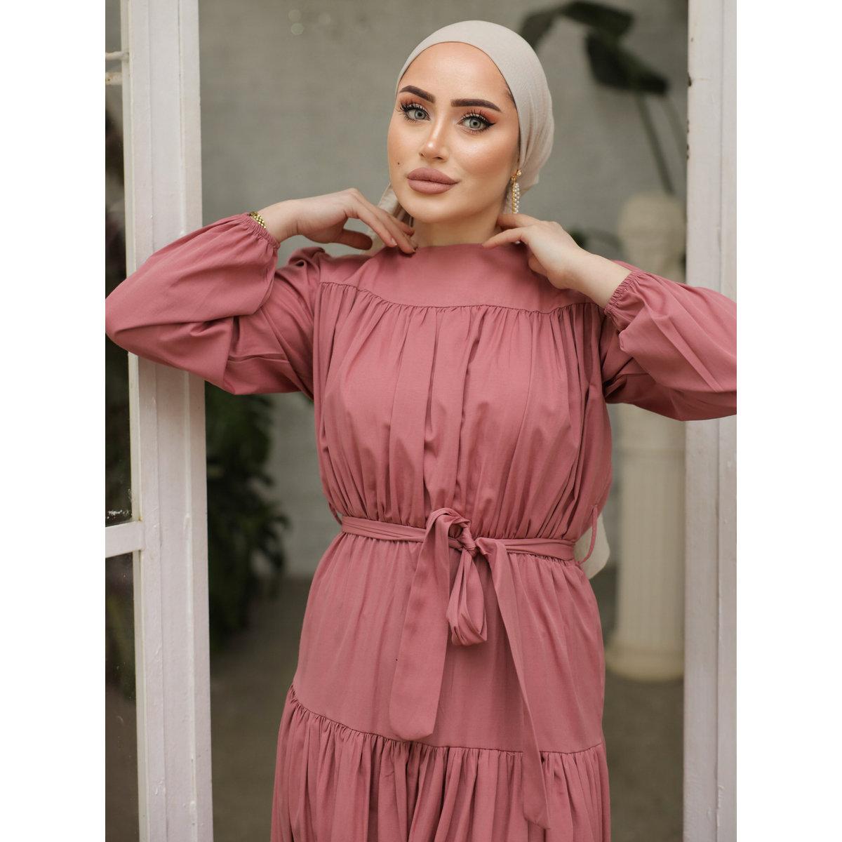 Modanisa X Styli Solid Tiered Maxi Dress with Waist Tie Detail-women-clothing-dresses-image-4